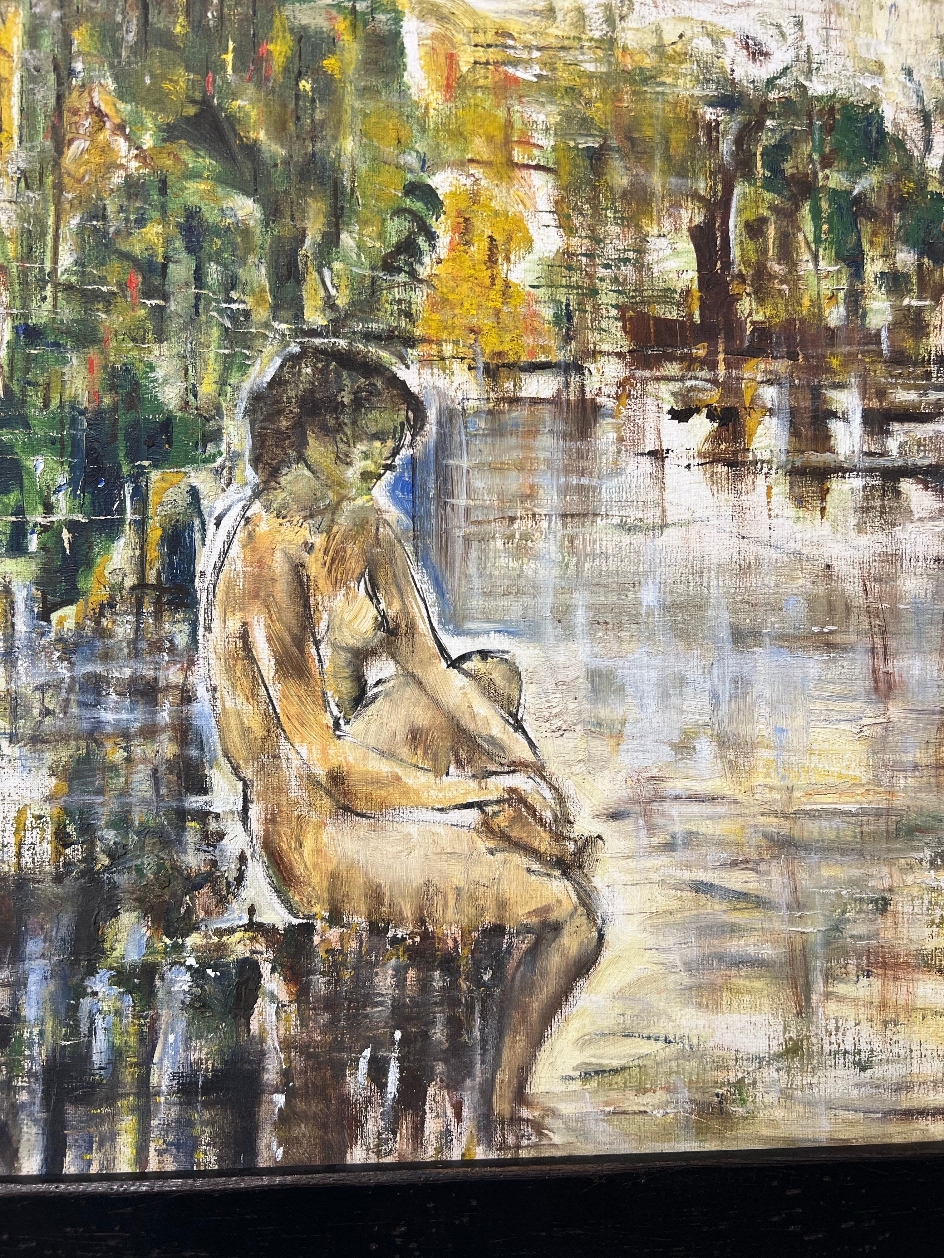 Das Gemälde signiert unten rechts, Leinwand Größe ohne gerahmt ist 24x30 Zoll auf Leinwand. 

In dieser ruhigen und introspektiven Komposition fängt Arthur Pinajian eine einsame nackte Figur ein, die am Ufer des Wassers sitzt und von einer