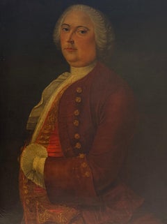 18th Century Gentleman Burgundy Coat Portrait Oil Painting Antique Gilt Frame
