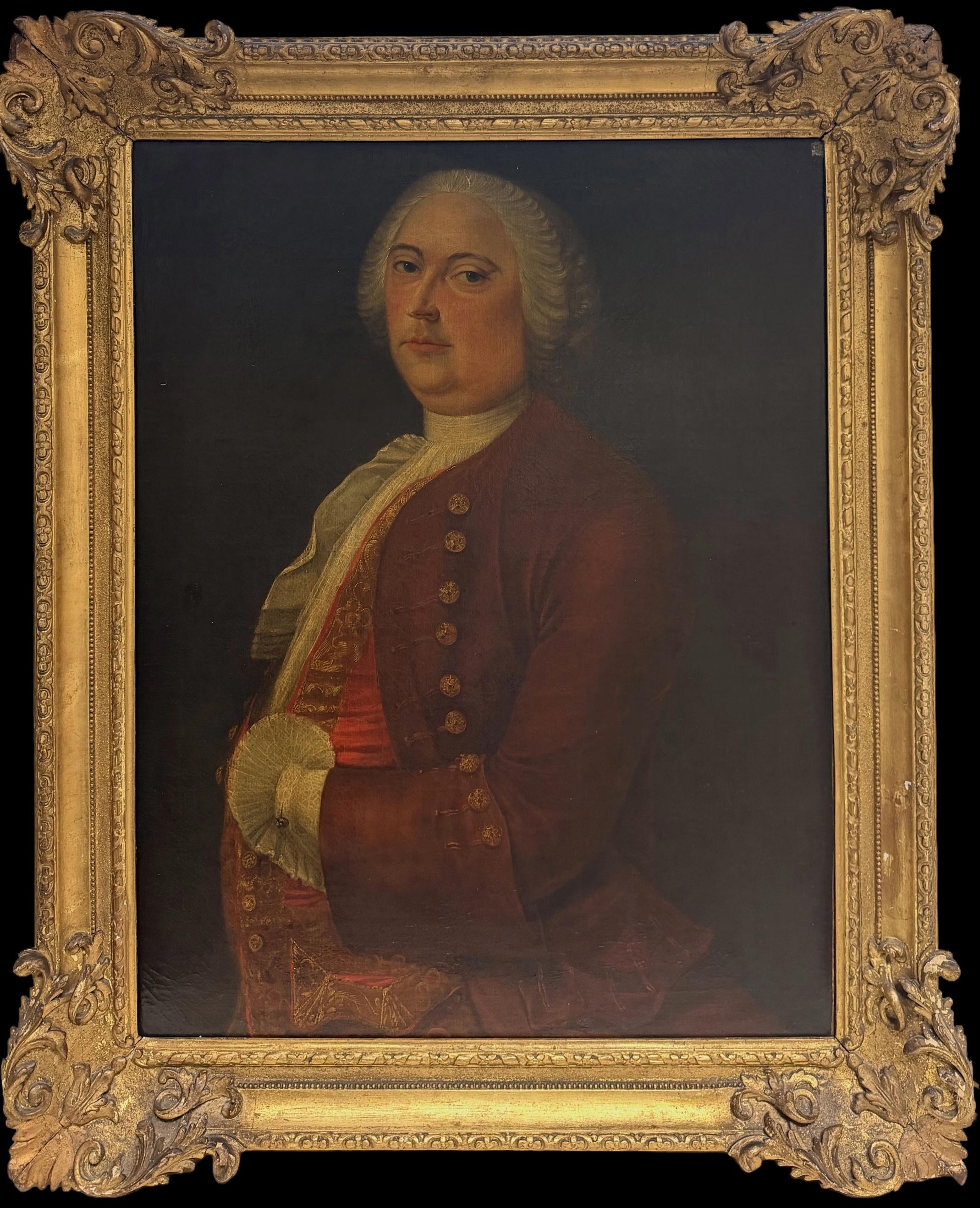 Arthur Pond Figurative Painting – Ölgemälde eines Herrn aus dem 18. Jahrhundert in burgunderrotem Mantel, antiker vergoldeter Rahmen