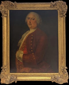 18th Century Gentleman Burgundy Coat Portrait Oil Painting Antique Gilt Frame
