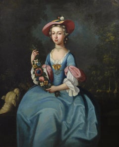 18th Century large scale portrait oil painting of a lady with a lamb