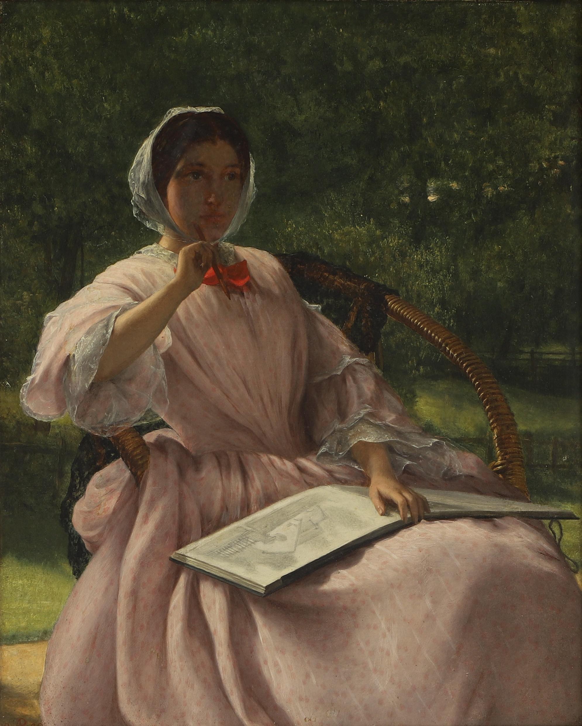 Gran óleo victoriano firmado Dama artista sentada dibujando en el jardín 1862 - Painting de  Arthur Rankley (1819-1872) 