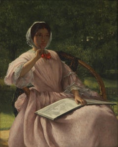 Grande dipinto a olio vittoriano firmato Donna artista seduta che disegna in giardino 1862