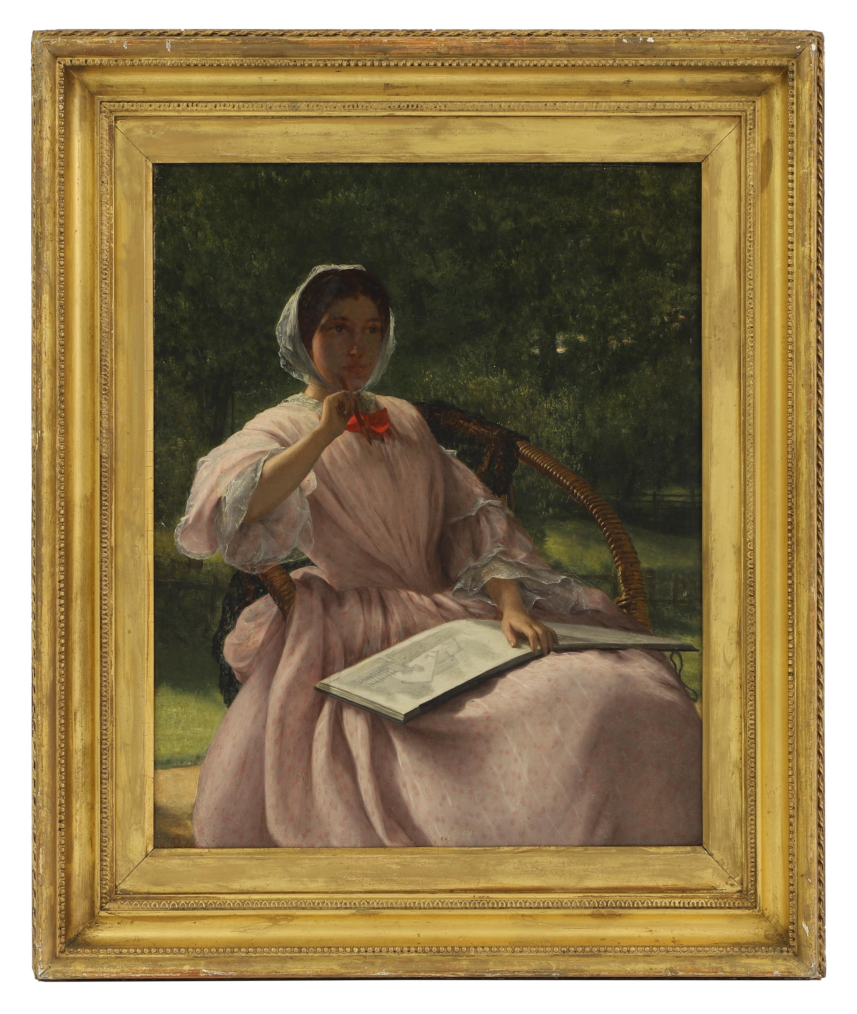 Grande dipinto a olio vittoriano firmato Donna artista seduta che disegna in giardino 1862