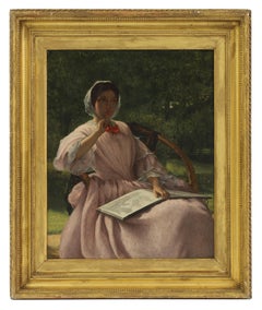 Grande dipinto a olio vittoriano firmato Donna artista seduta che disegna in giardino 1862