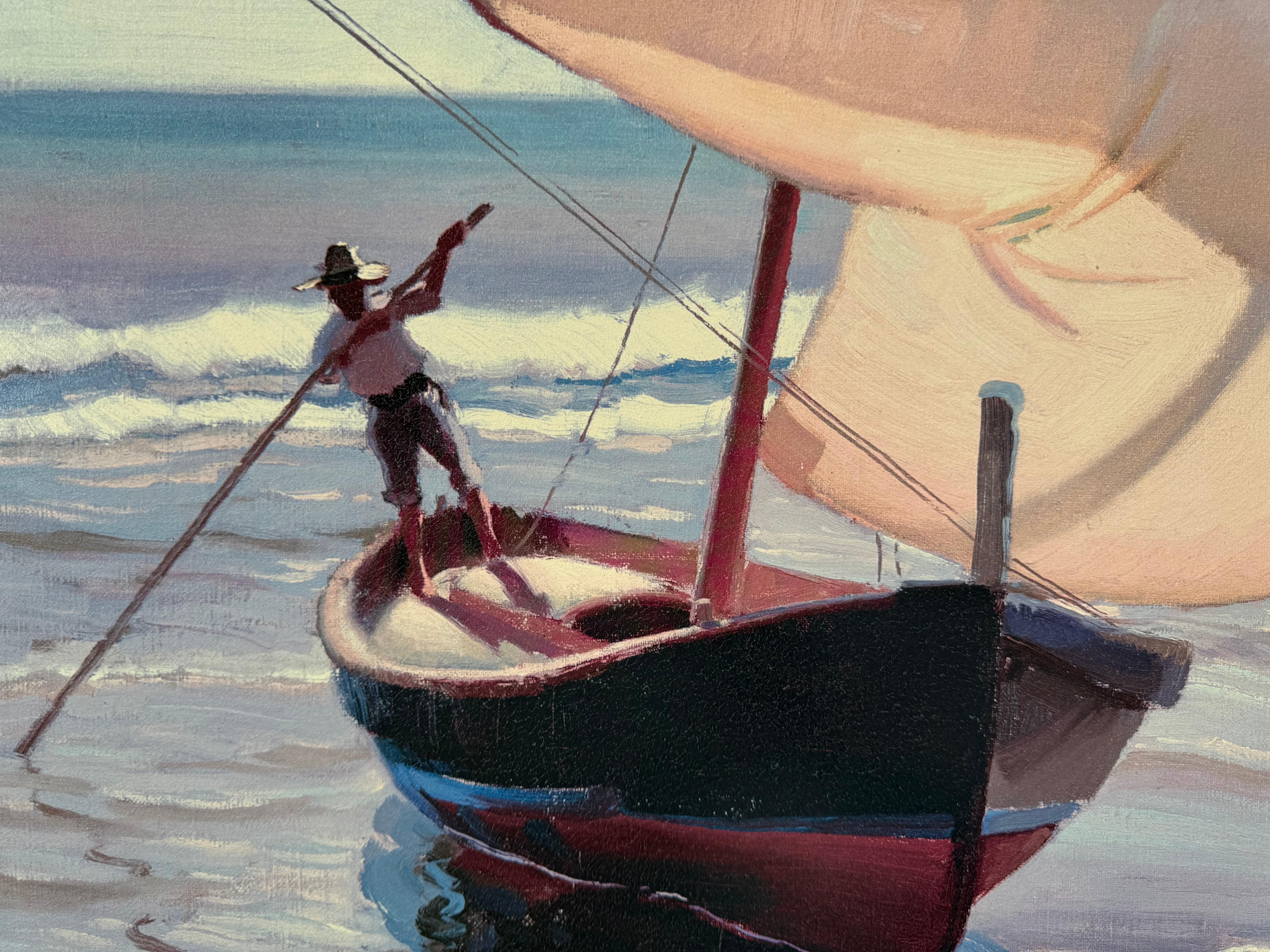 Arthur Grover Rider (américain 1885-1975) 
Lithographie offset sur carton d'un pêcheur en Espagne.
Encadré professionnellement et protégé par un passe-partout dans un cadre doré. 

Né à Chicago, IL, le 21 mars 1886. Rider a reçu sa première