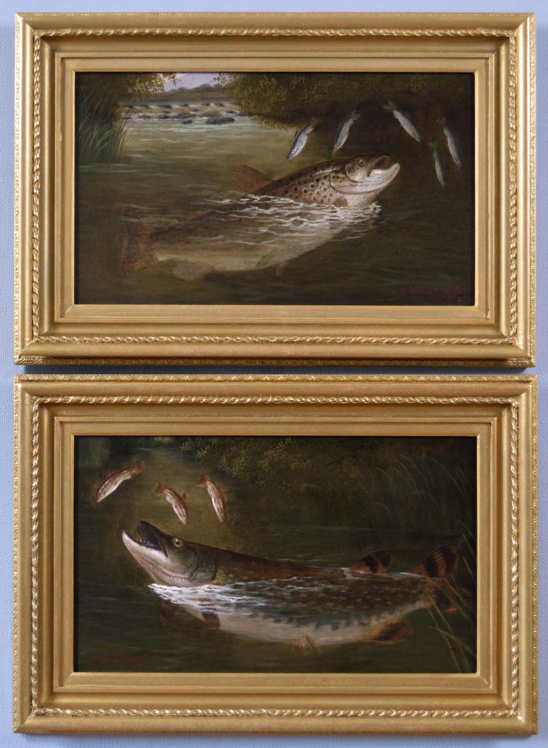 Arthur Roland Knight Animal Painting - 19th Century pair of sporting angling oil paintings of a trout & pike 