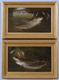 19th Century pair of sporting angling oil paintings of a trout & pike 