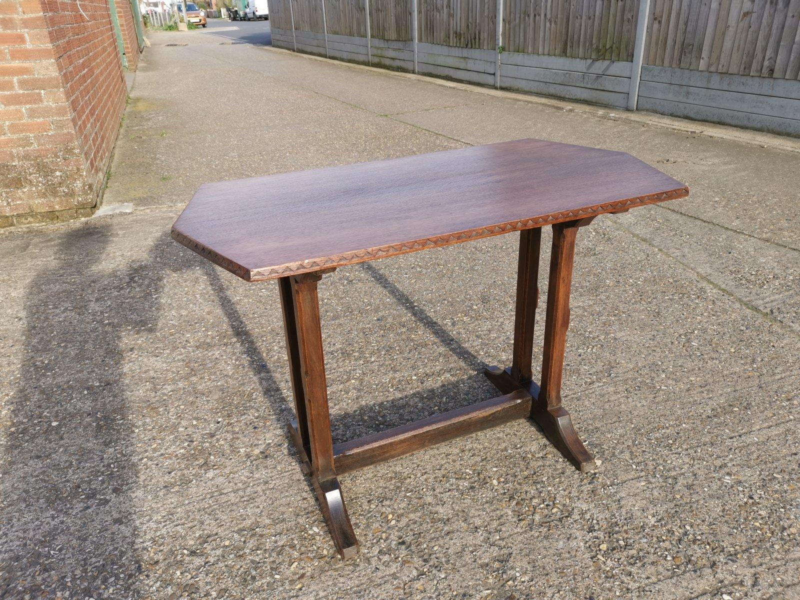 English Cotswold style oak refectory dining or library table with carved chevron details For Sale