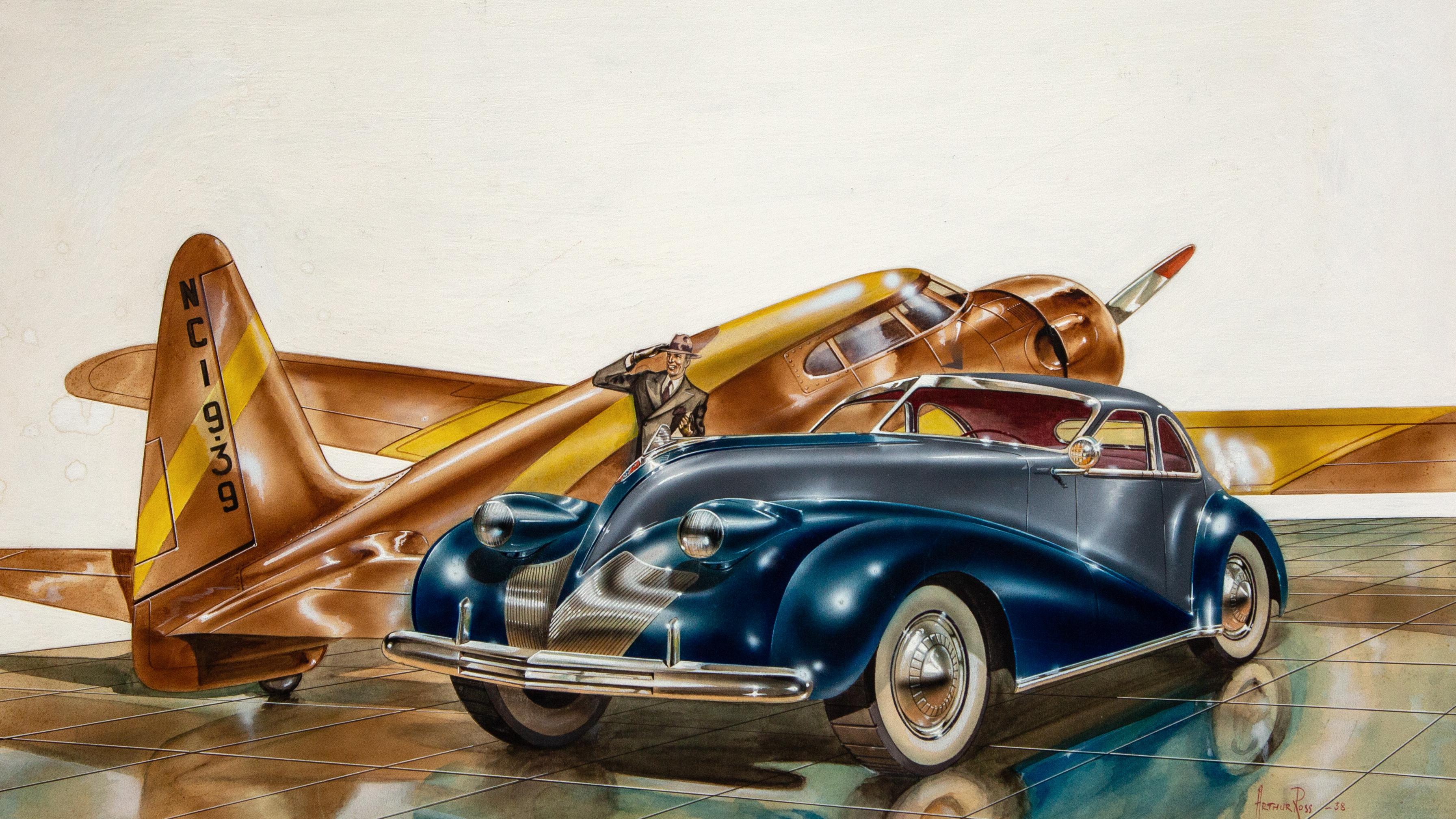 Arthur Rosenman Ross Landscape Painting - “Concept Buick and Plane” American Art Deco 20th Century Modernism Machine Age