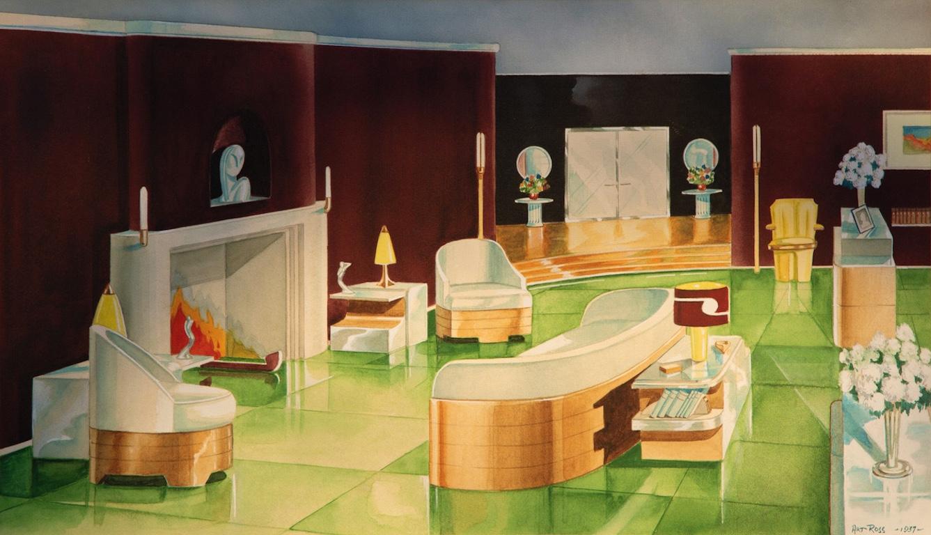 Interior Painting Arthur (Rosenman) Ross - Art déco Décor de cinéma 20e siècle Modernisme américain Hollywood WPA Réalisme social