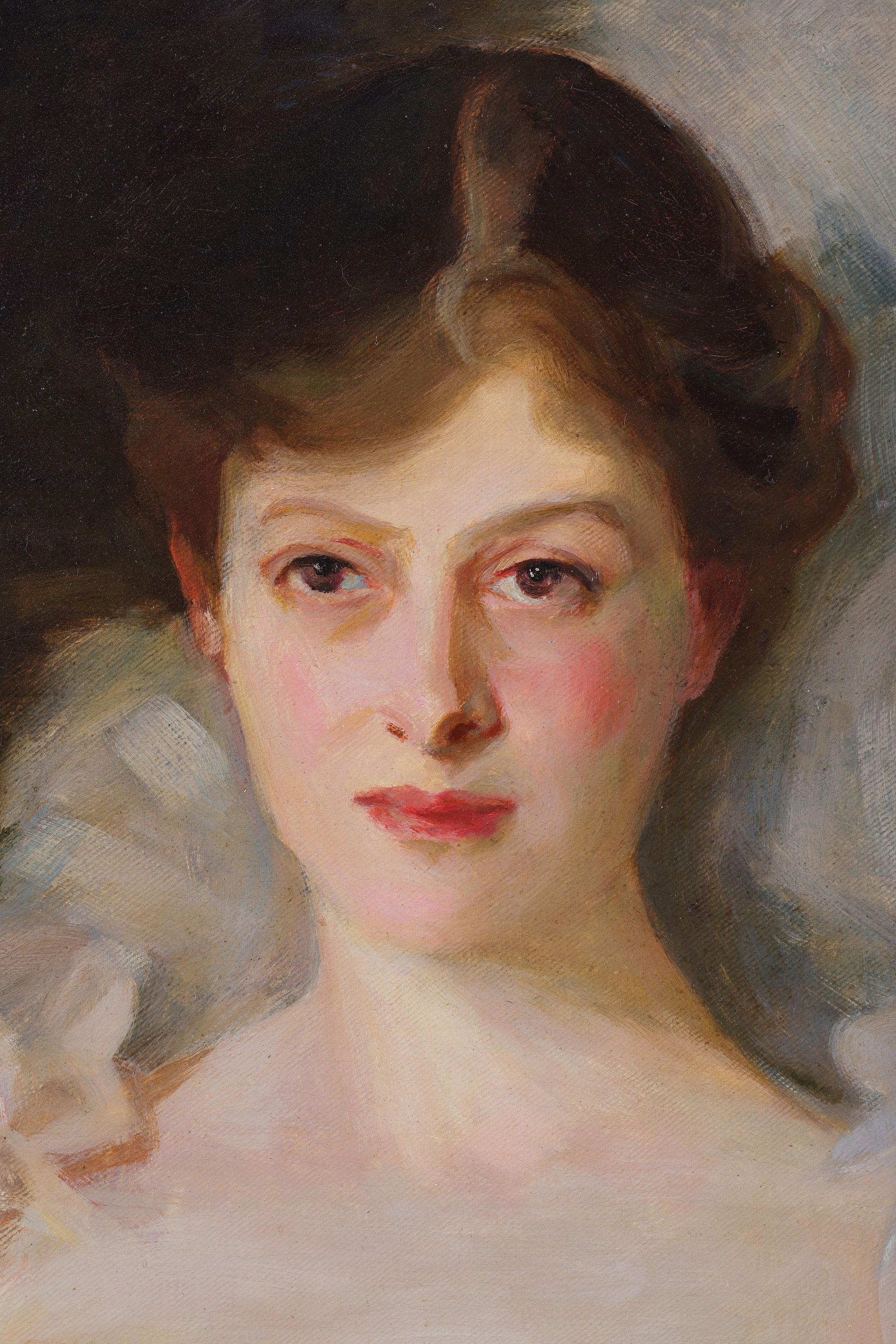 Una bella dama de blanco - Painting impresionista estadounidense de Arthur Roy Mitchell