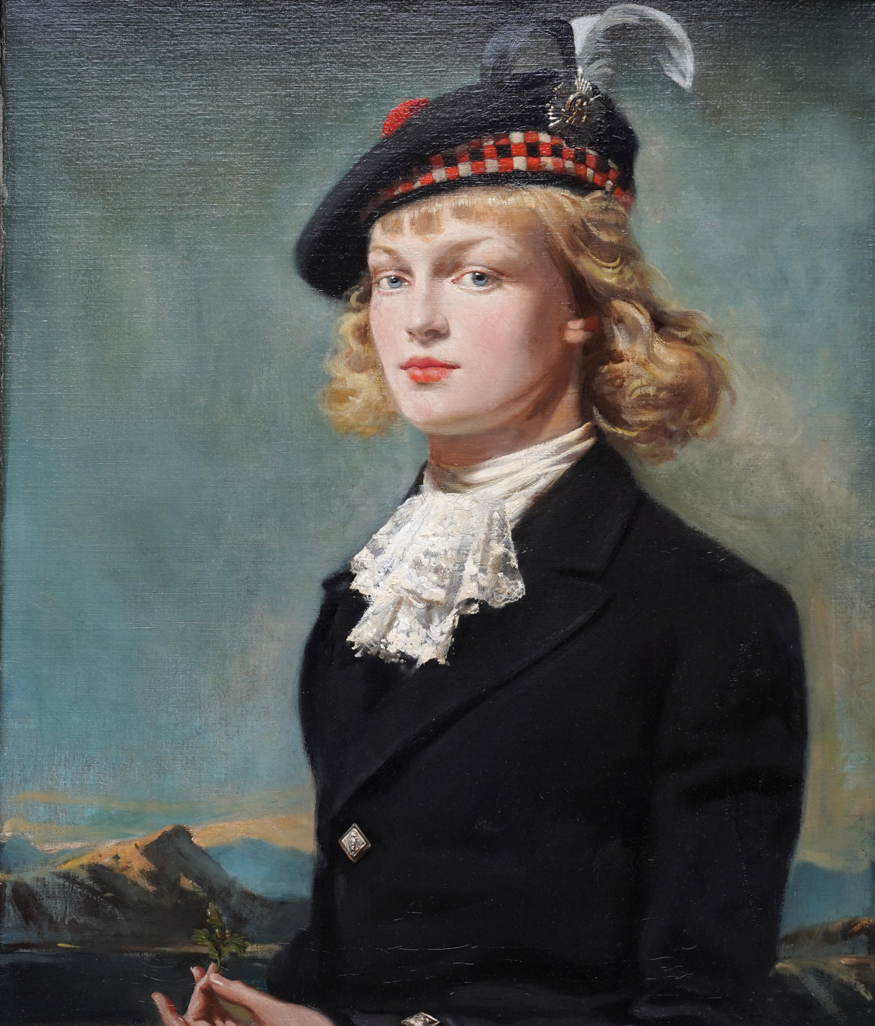 Retrato de una chica escocesa - Pintura al óleo de arte escocés de 1940 Sombrero de Glengarry en venta 8
