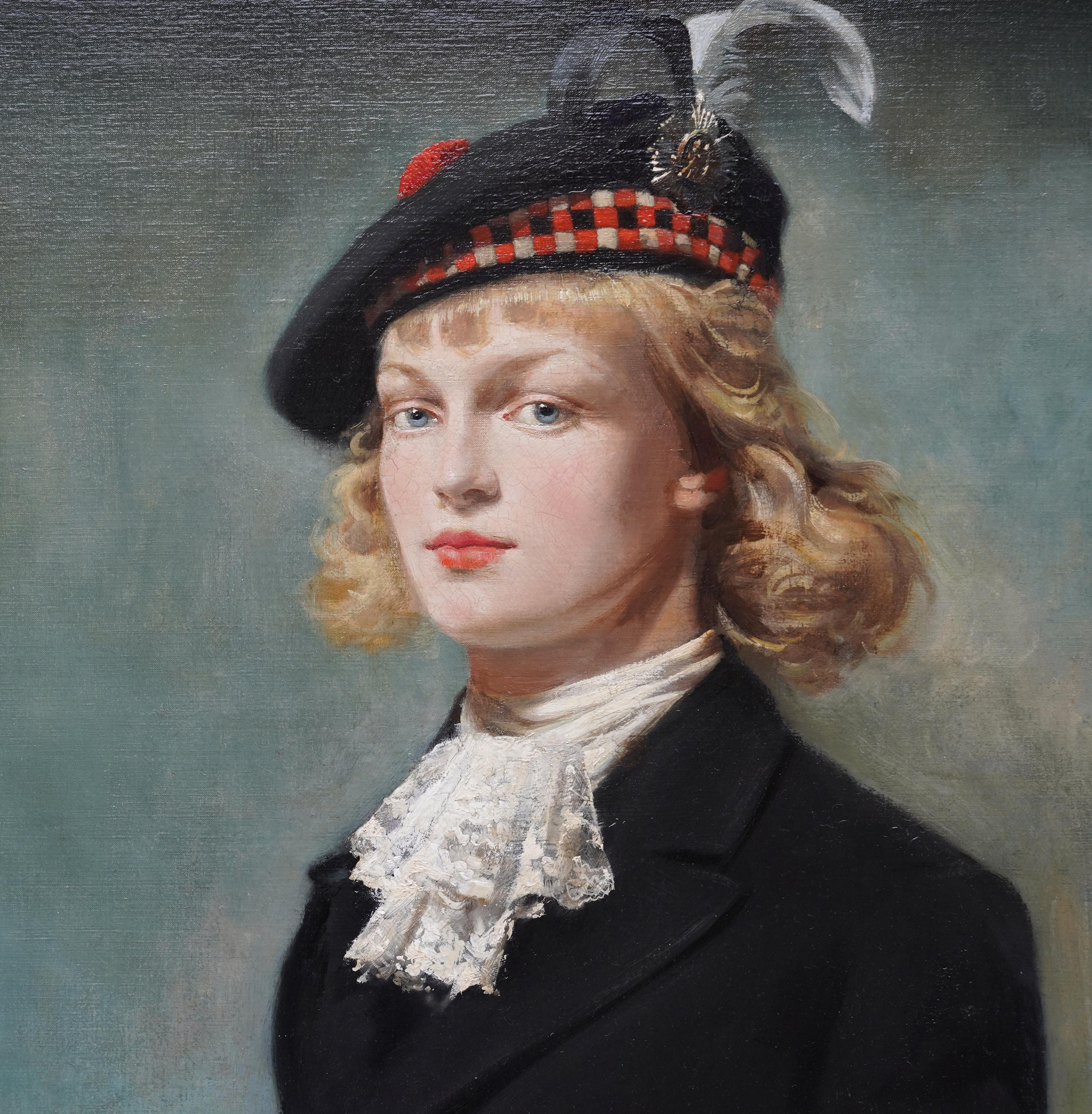 Retrato de una chica escocesa - Pintura al óleo de arte escocés de 1940 Sombrero de Glengarry - Painting Realista de Arthur Royce Bradbury