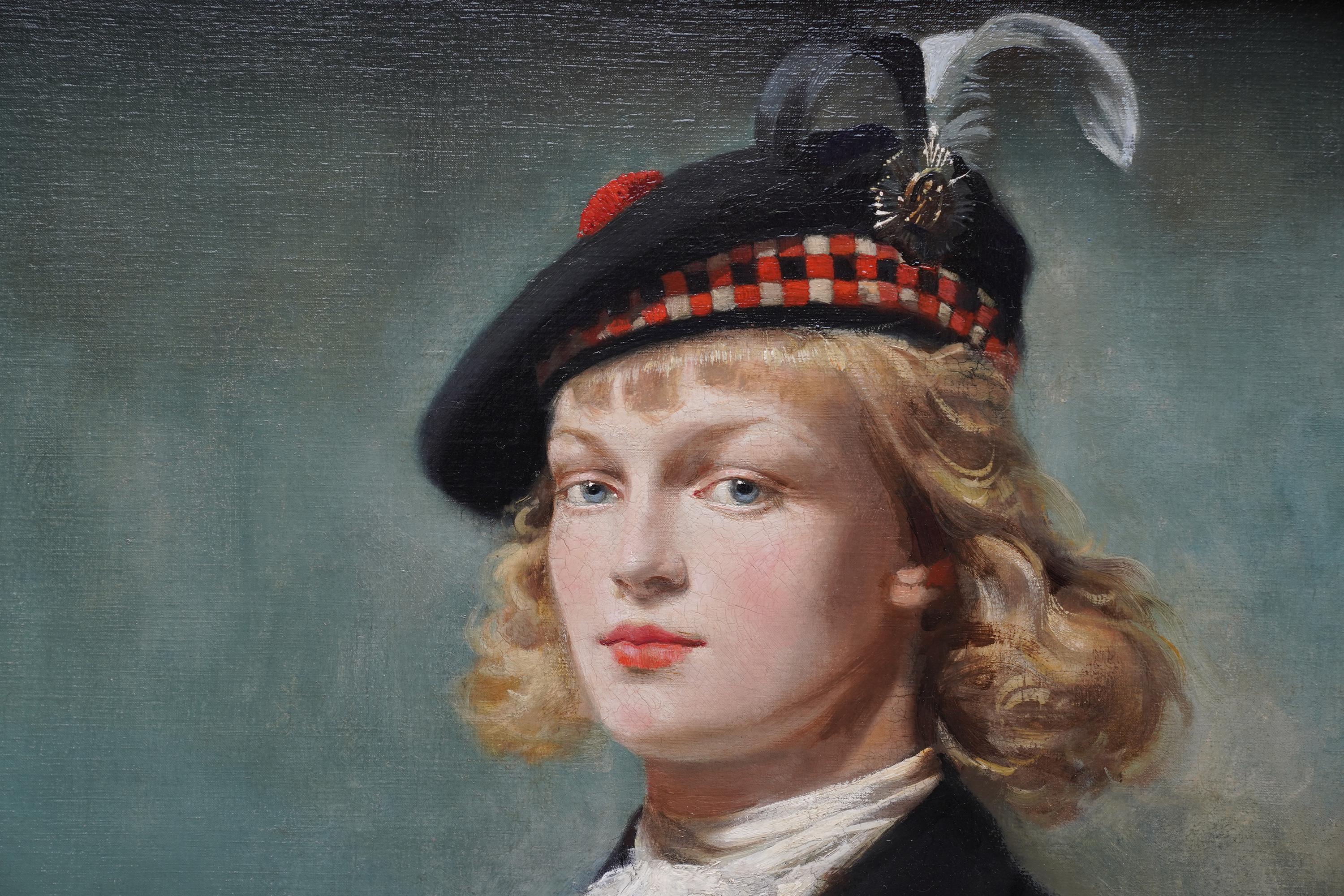 Retrato de una chica escocesa - Pintura al óleo de arte escocés de 1940 Sombrero de Glengarry - Portrait Painting Gris de Arthur Royce Bradbury