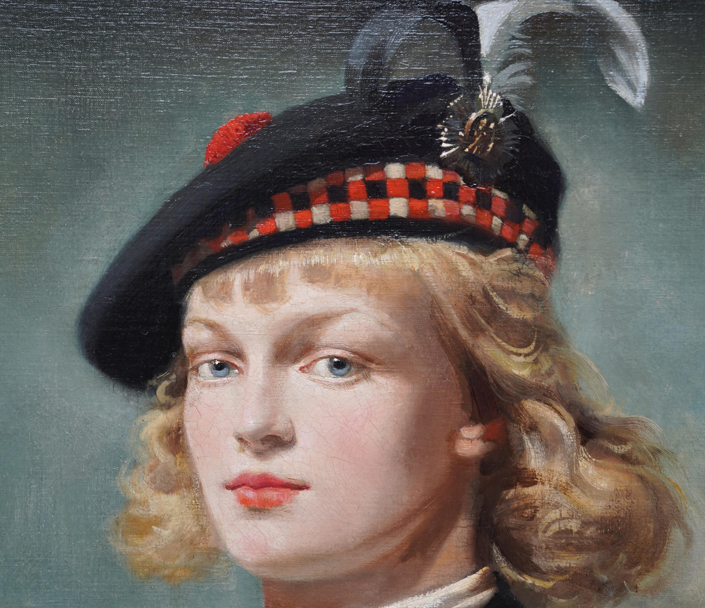 Este impresionante retrato al óleo británico de la década de 1940 es obra del célebre artista Arthur Royce Bradbury. Pintado en 1949, es un retrato de medio cuerpo de una joven escocesa en un paisaje montañoso. El punto de vista bajo realza