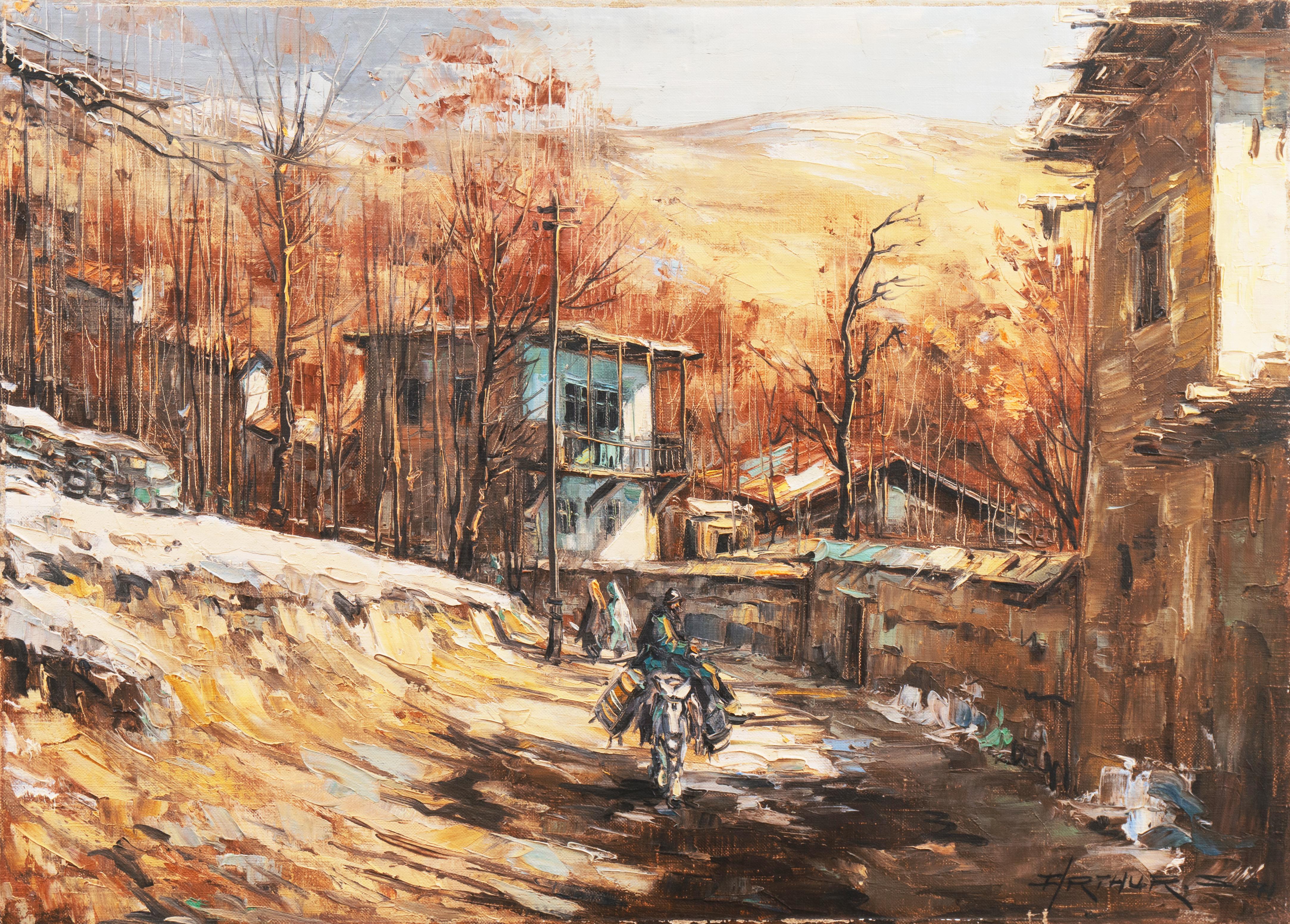 Signed lower right, 'Arthur S.' and dated 1971; additionally inscribed verso, 'Arthur Sarkissian' and titled 'Tehran'.

A panoramic urban landscape showing a winter view of a suburb of the Iranian capital with a man riding a donkey down a snowy