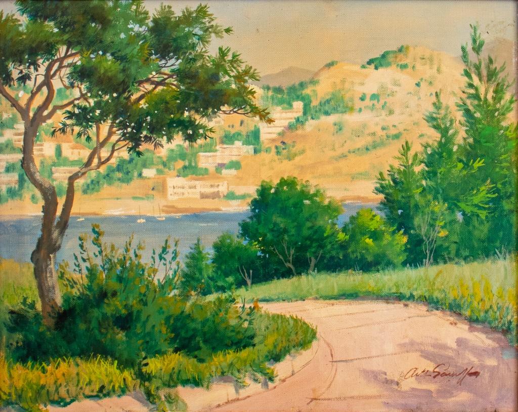 Arthur Saron Sarnoff (Américain, 1912-2000), Scène de paysage grec, Acrylique sur toile, signée en bas à droite, Image : 15.5