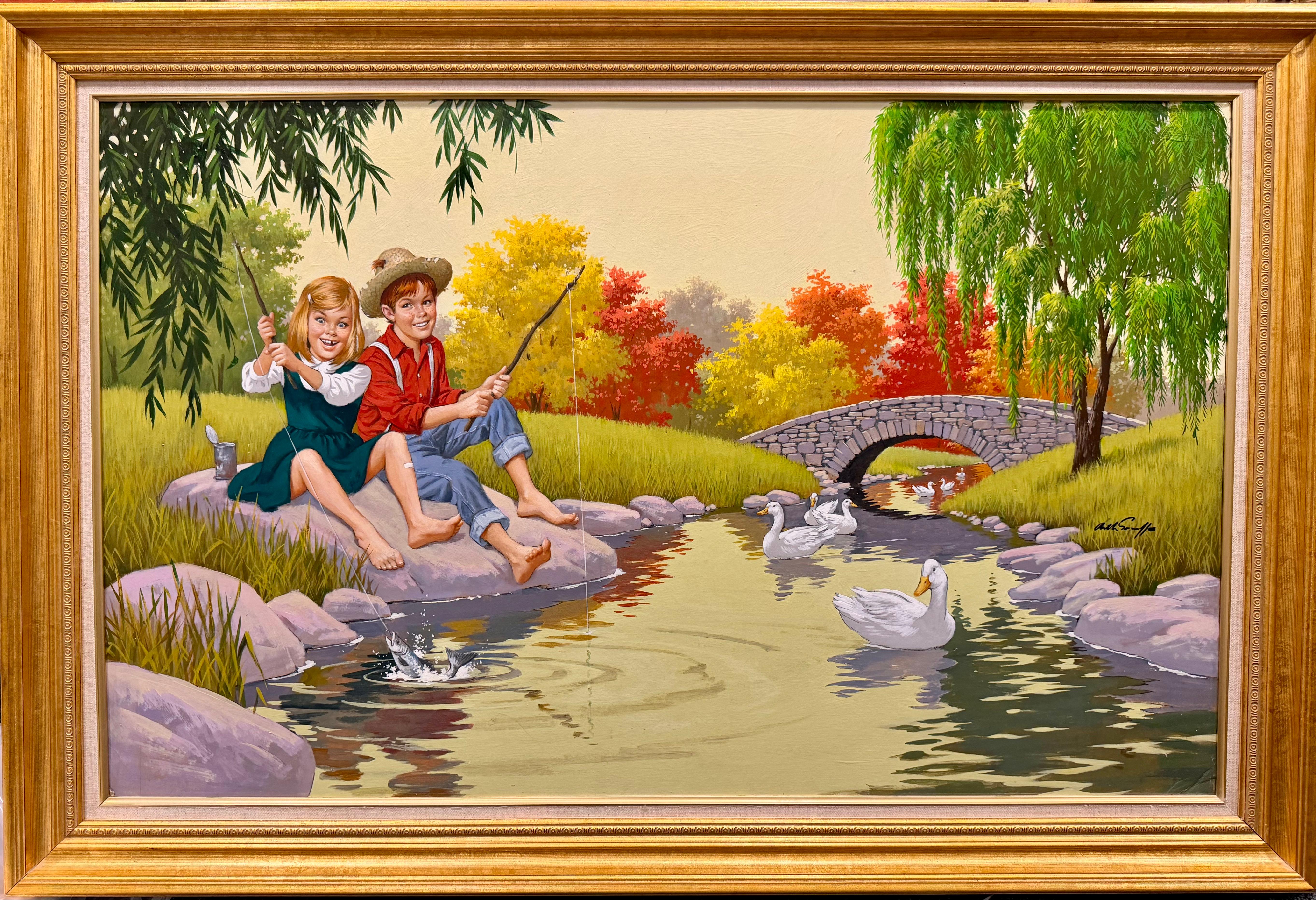 Ein nostalgisches Gemälde von Arthur Sarnoff, das einen fröhlichen Jungen und ein Mädchen beim Angeln an einem friedlichen Bach zeigt, umgeben von Enten, einer Steinbrücke und leuchtenden Herbstbäumen. Die Szene erweckt ein Gefühl von unschuldigem