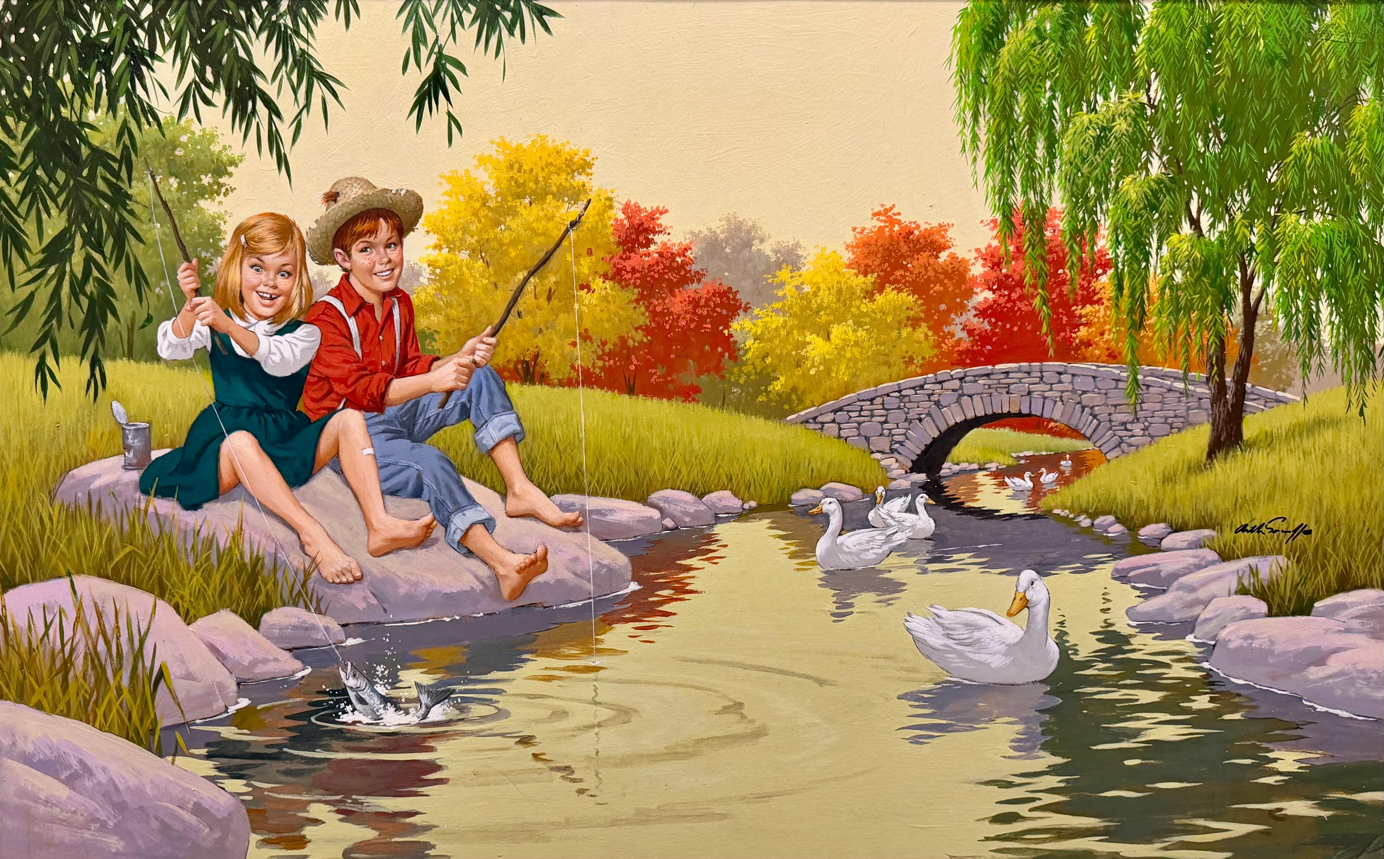 Junge & Mädchen beim Fischen – Painting von Arthur Sarnoff