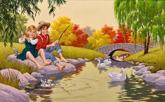 Vintage Boy & Girl Fishing