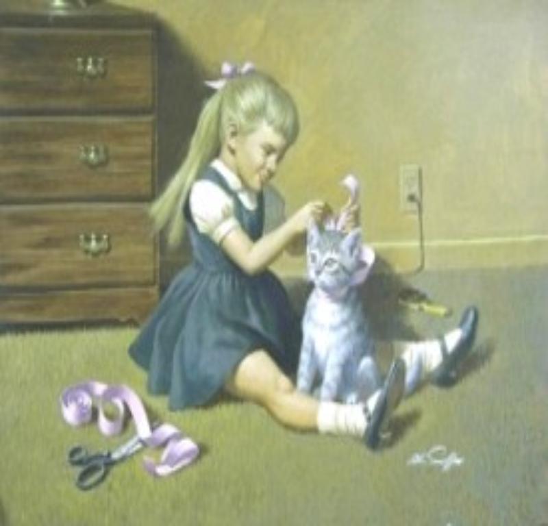 Girl with Cat - Painting by Arthur Sarnoff