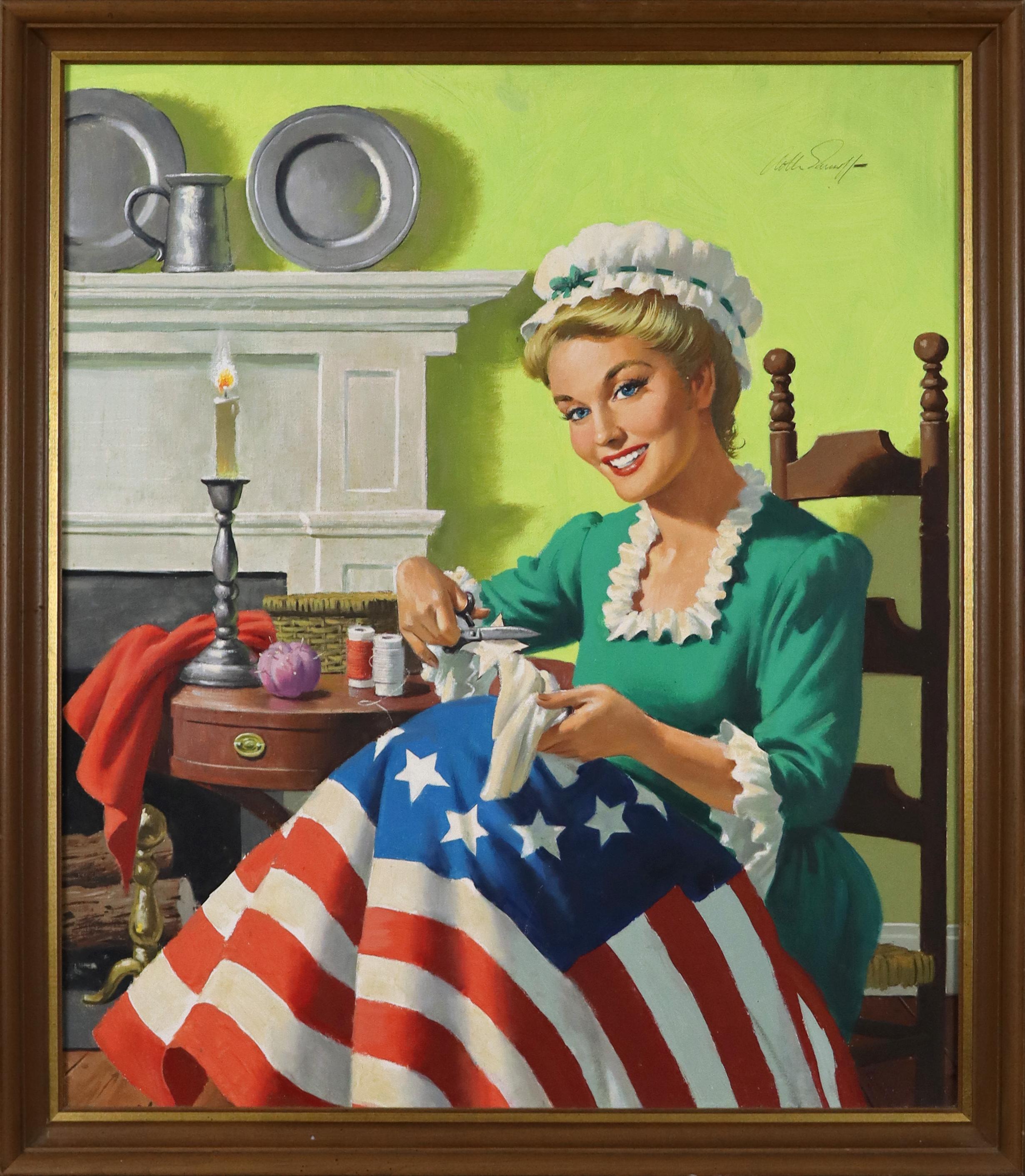 Preparando la Bandera, la Chica Dorada de América de 1784 - Painting de Arthur Sarnoff