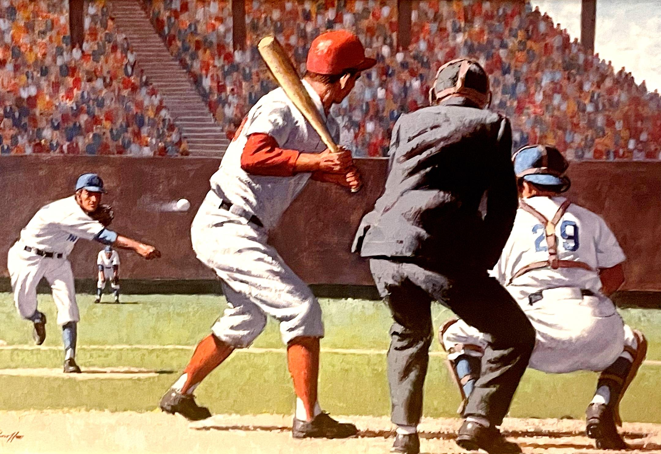 A mid-century sports illustration by Arthur Sarnoff depicting a classic baseball moment. The composition features a batter, catcher, umpire, and pitcher in action, with a full stadium crowd in the background. A strong example of Sarnoff’s commercial