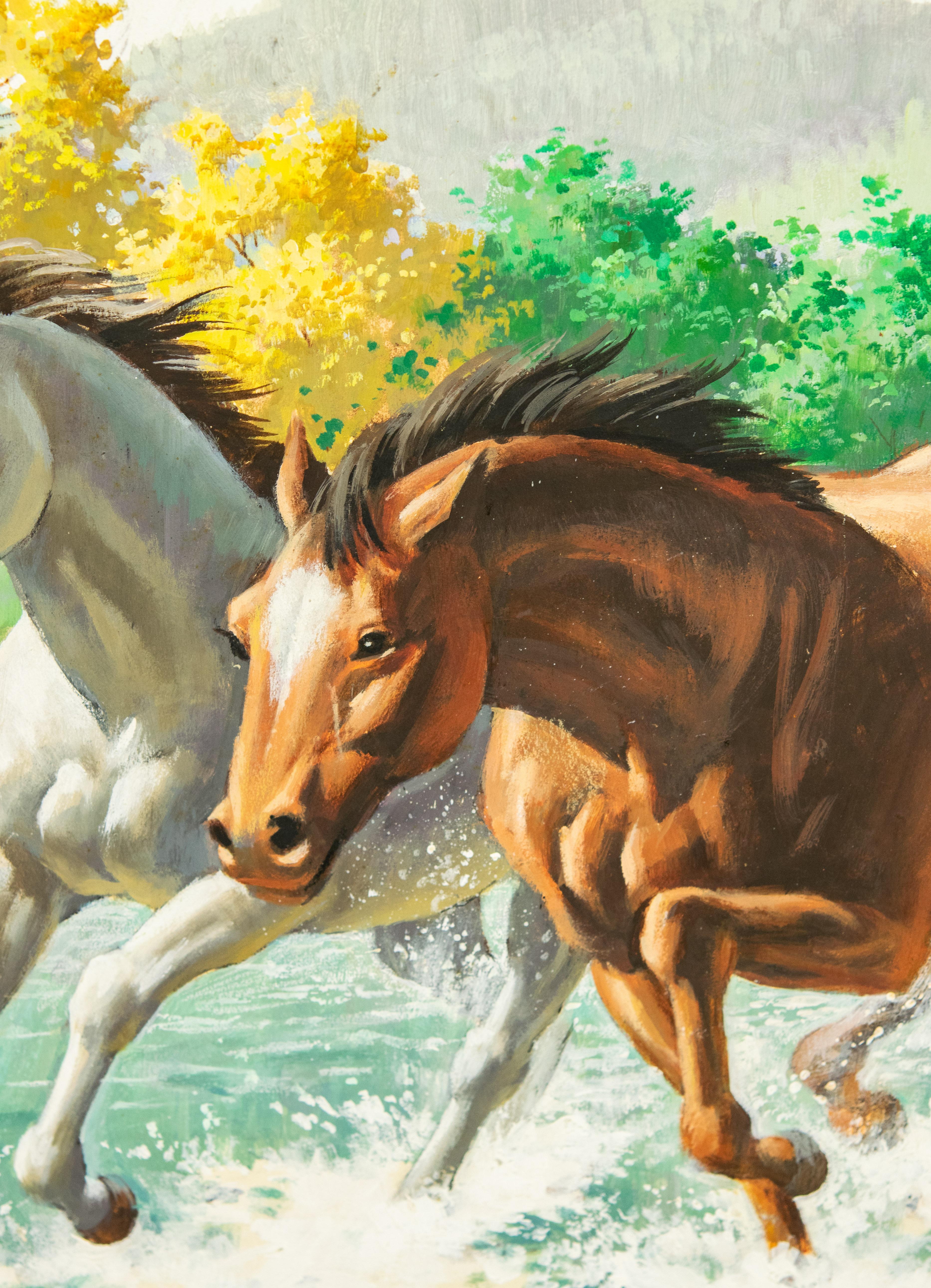 American Arthur Saron Sarnoff Original Painting on Board of Horses Running in Stream  For Sale