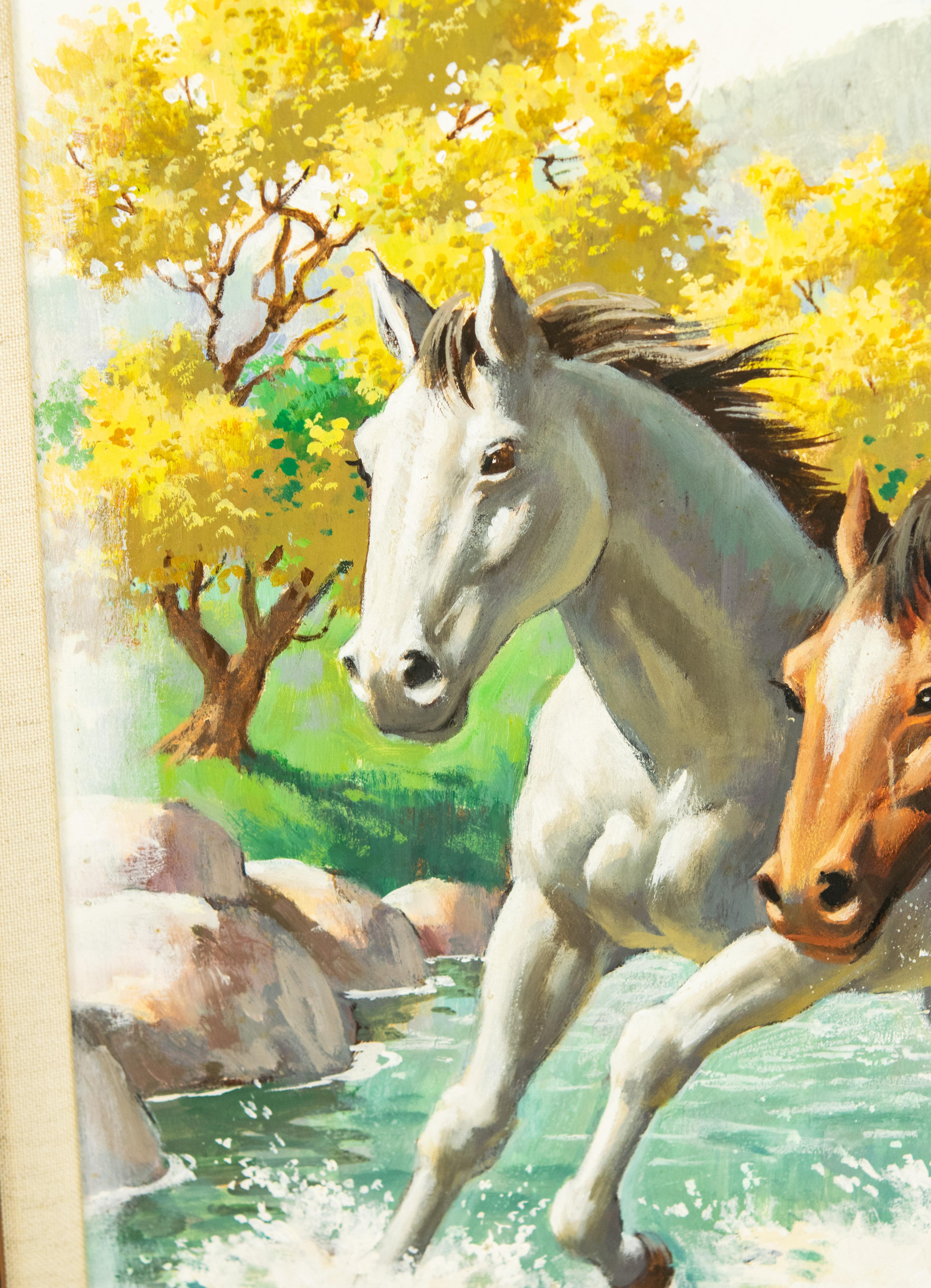 Arthur Saron Sarnoff Original Painting on Board of Horses Running in Stream  In Good Condition For Sale In Miami Beach, FL