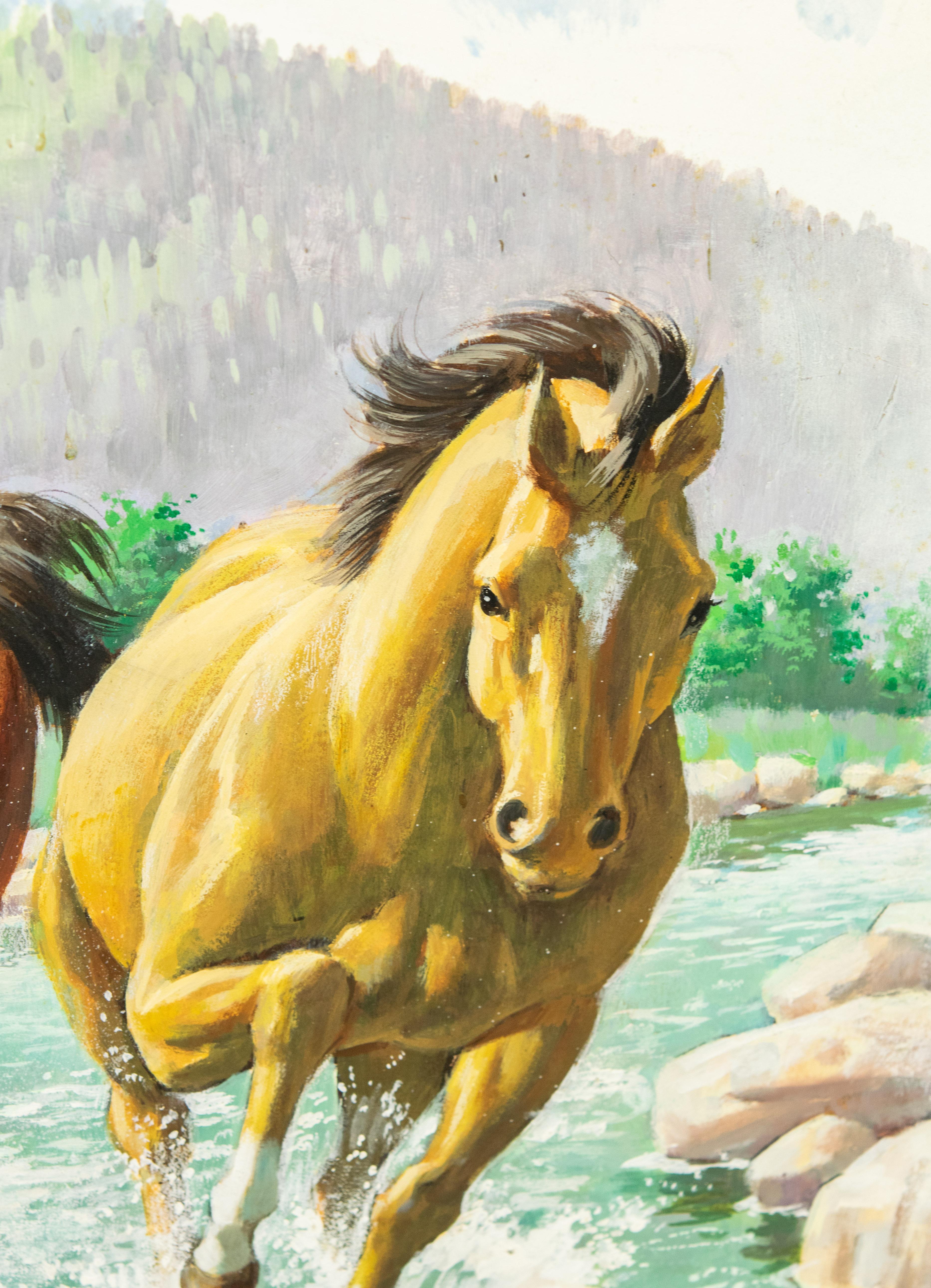 20th Century Arthur Saron Sarnoff Original Painting on Board of Horses Running in Stream  For Sale