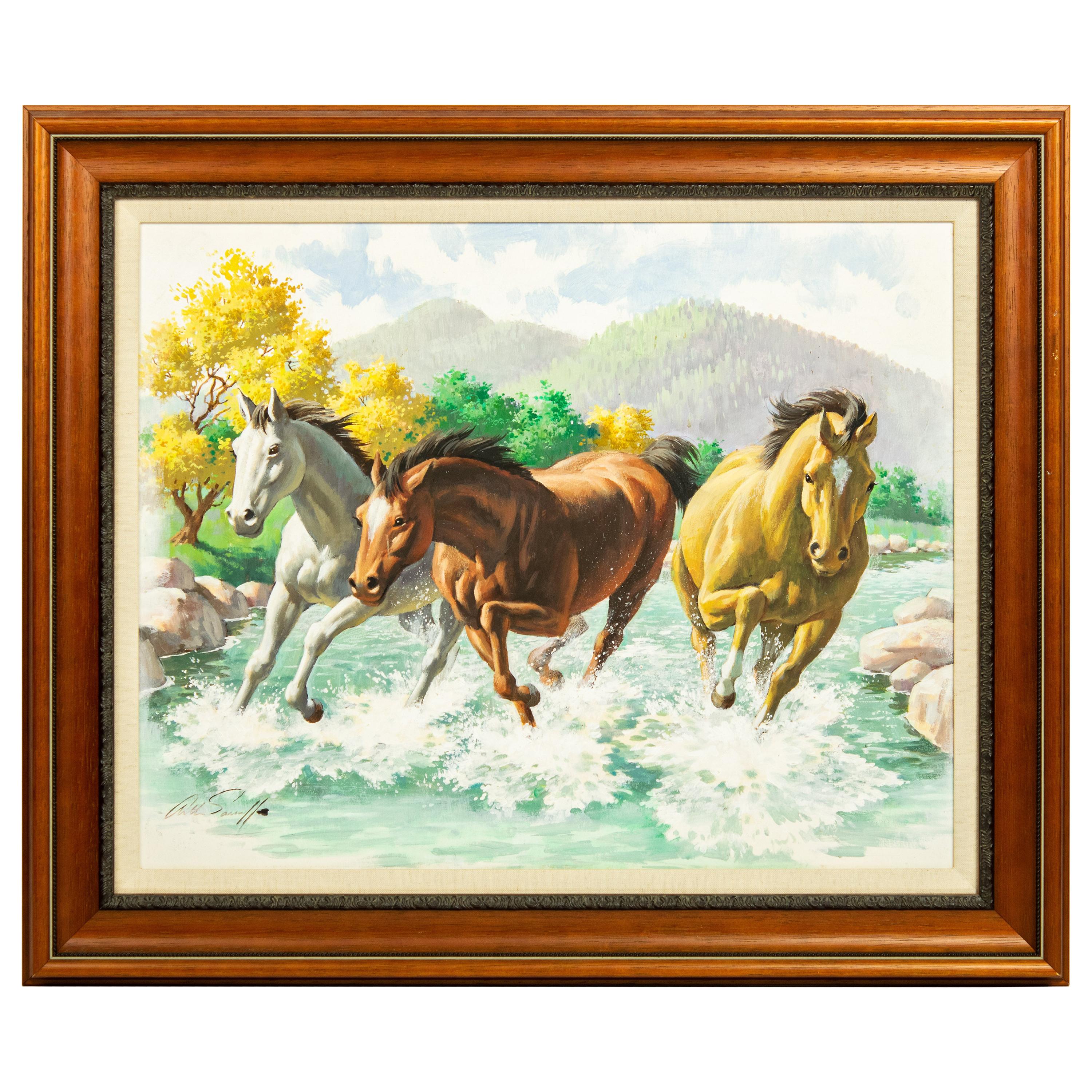 Peinture originale sur panneau d'Arthur Saron Sarnoff représentant des chevaux courant dans un ruisseau 
