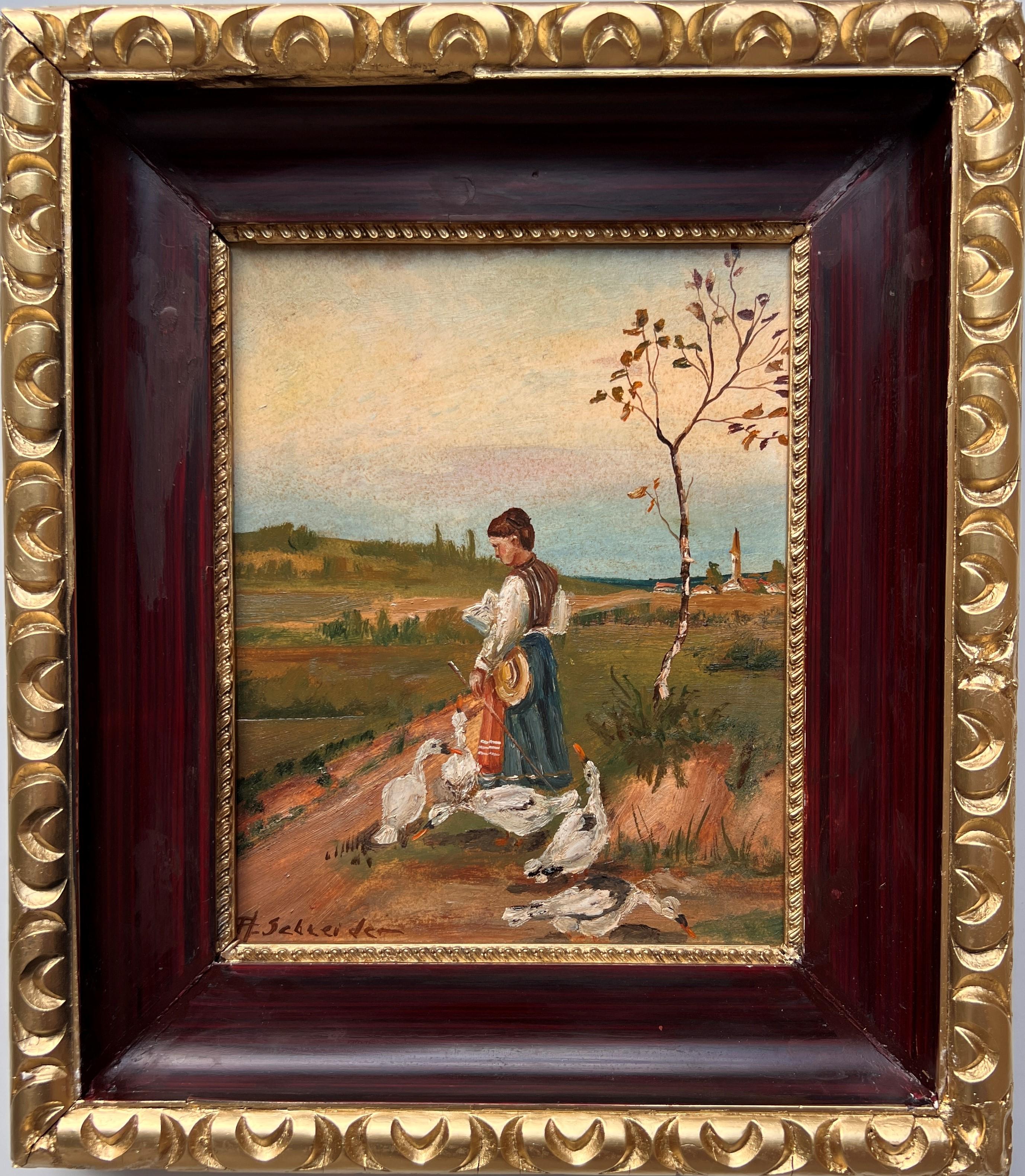 A la venta un interesante óleo original antiguo sobre tabla que representa una escena de género rural con una niña y gansos.

Firmado en la esquina inferior izquierda por el artista estadounidense Arthur E. Schneider (1866-1942).

Dimensiones