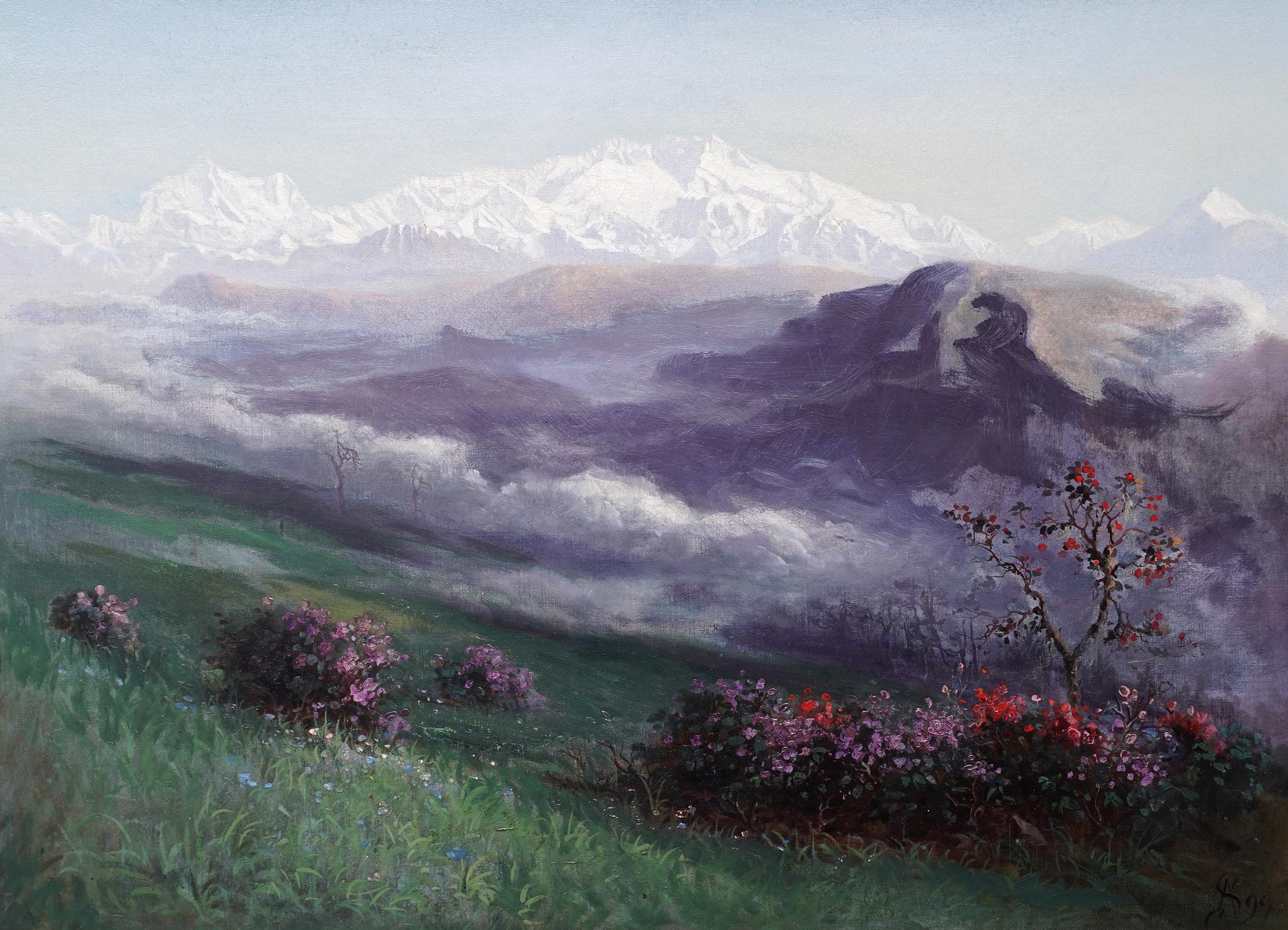 Paisaje con montañas lejanas - Pintura al óleo de paisajes del arte victoriano británico en venta 4