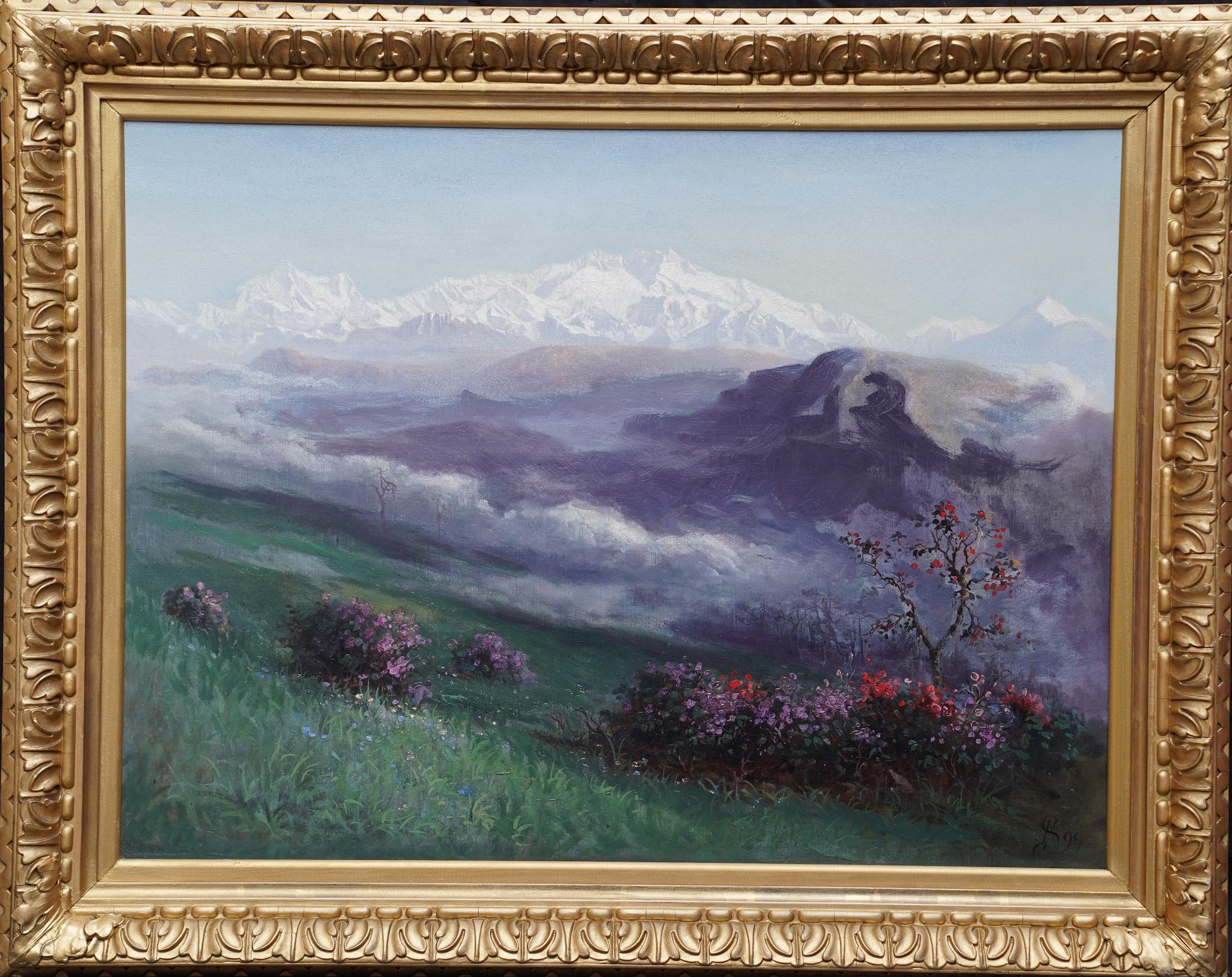 Paisaje con montañas lejanas - Pintura al óleo de paisajes del arte victoriano británico en venta 5