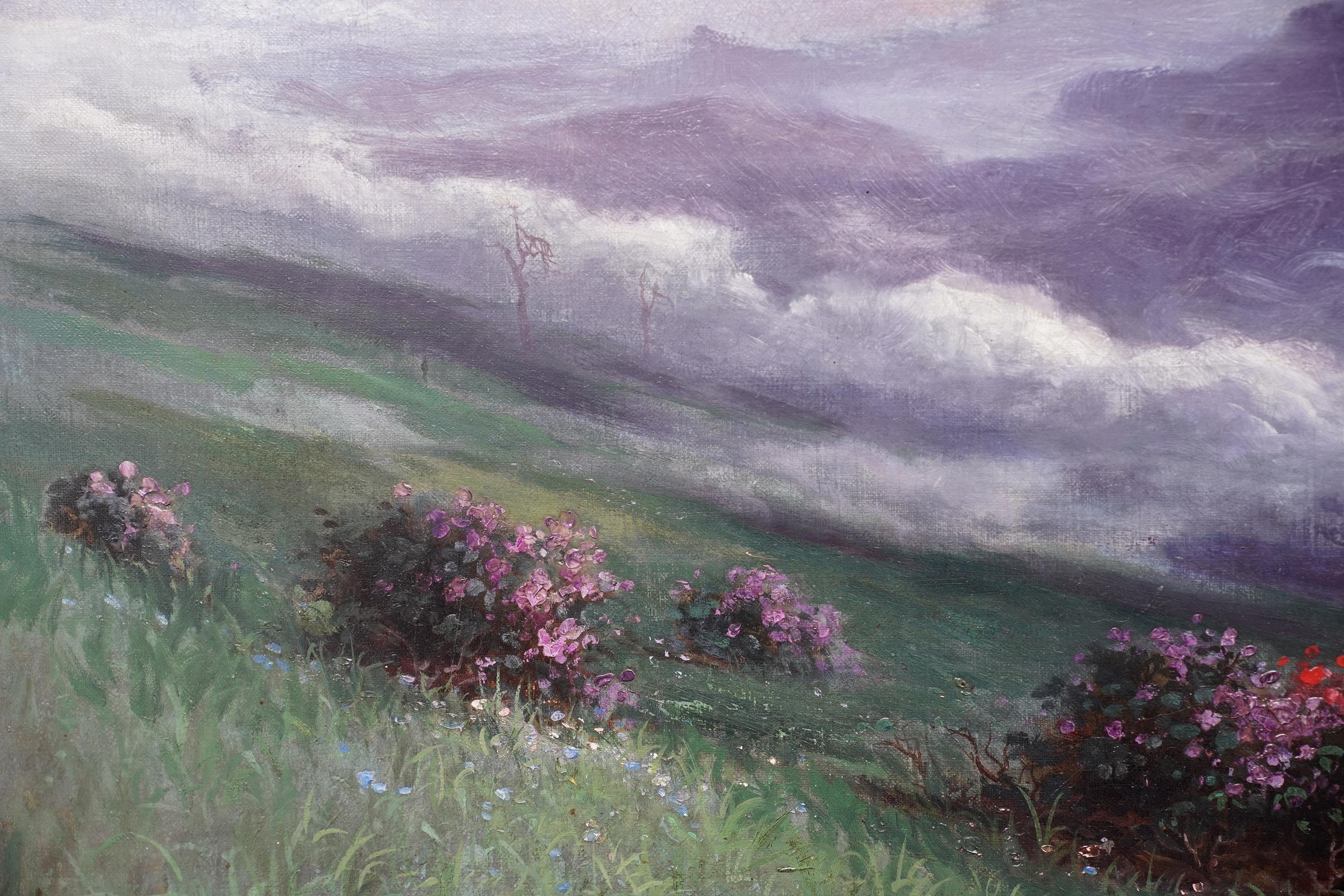 Paisaje con montañas lejanas - Pintura al óleo de paisajes del arte victoriano británico - Landscape Painting Gris de Arthur Severn