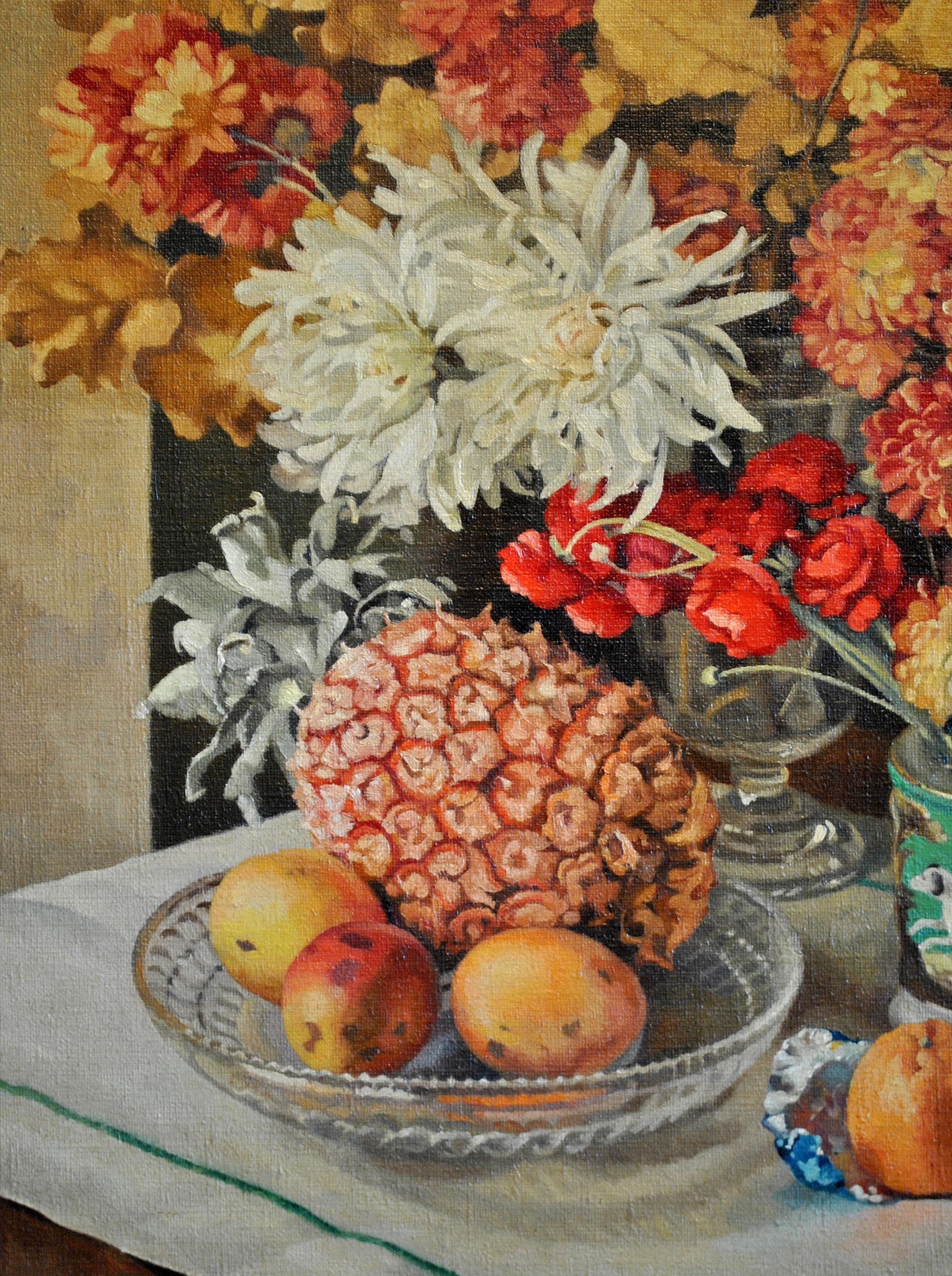 A beautiful signed and dated 1936 oil on canvas still life with flowers, pineapple, fruit and ceramic mug decorated with a pack of hounds, by Arthur Sleight. A striking and unusual Art Deco period painting.

Artist: Arthur Sleight (British,