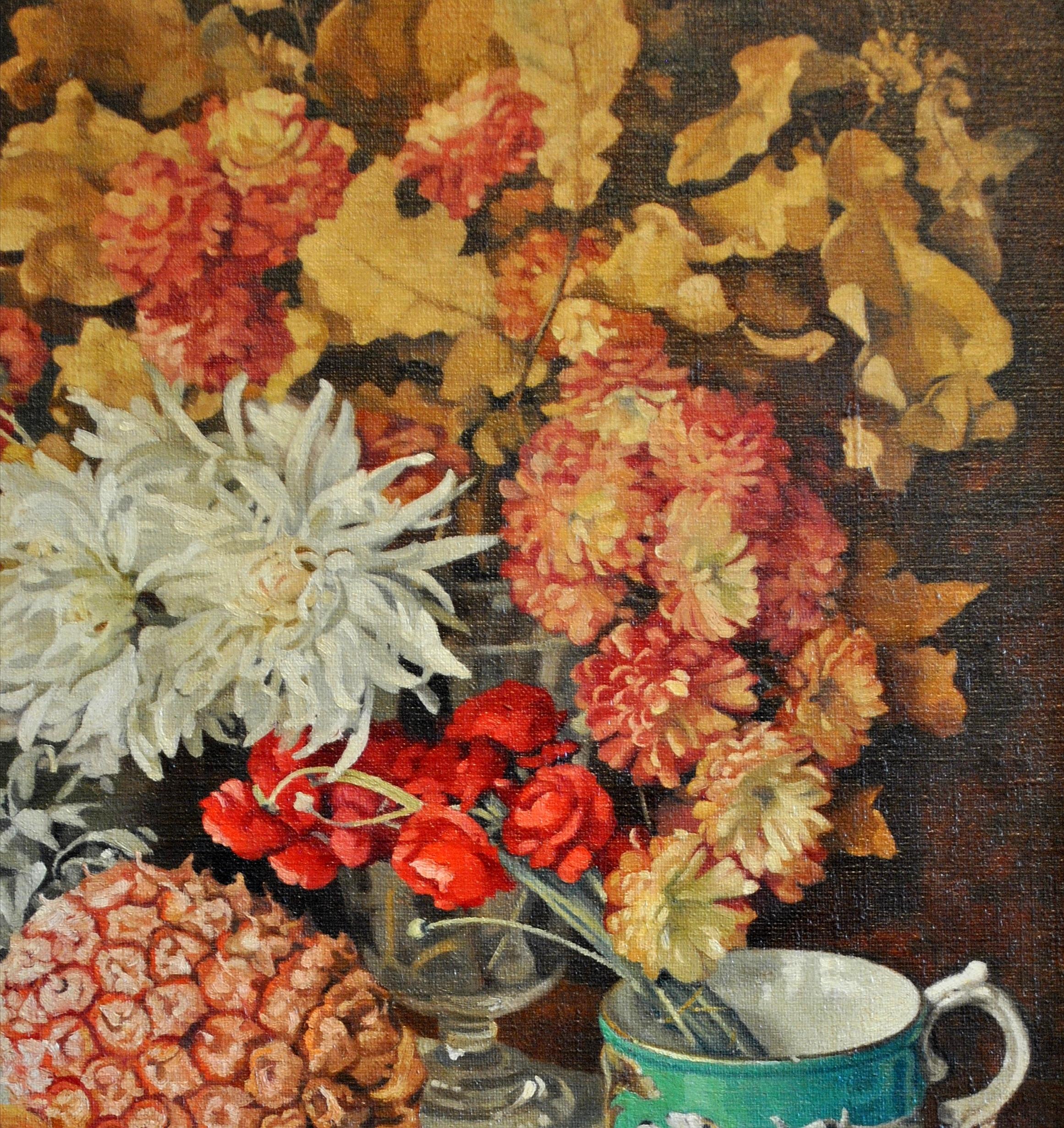 Still Life - Art Deco Flowers Pineapple & Greyhound Cup Antique Oil Painting 1