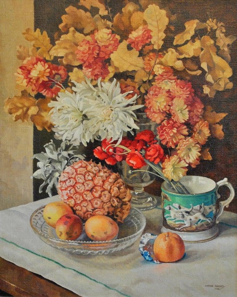 Arthur Sleight Still-Life Painting - Still Life - Art Deco Flowers Pineapple & Greyhound Cup Antique Oil Painting