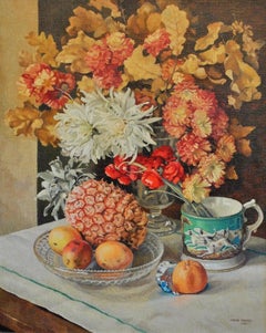 Stillleben - Art Deco Blumen Ananas & Windhund Tasse Antikes Ölgemälde
