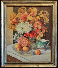 Vintage Still Life - Flowers, Pineapple, Fruit & Hound Mug on Table Art Deco Painting