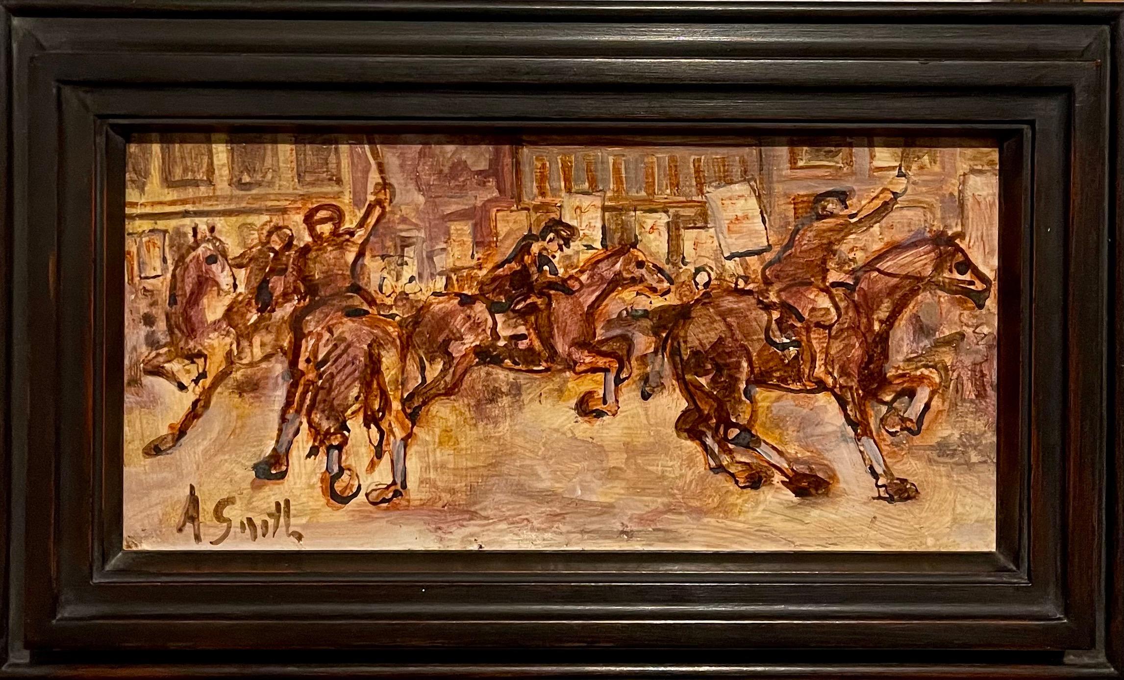 Émeute de rue Peinture à l'huile Police montée Artiste du WPA Justice sociale Art américain - Painting de Arthur Smith