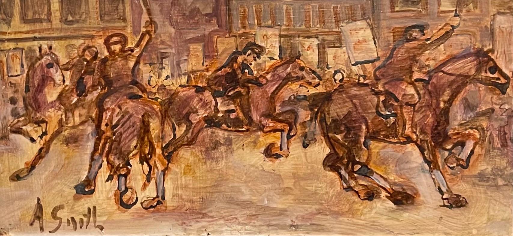 Émeute de rue Peinture à l'huile Police montée Artiste du WPA Justice sociale Art américain - Réalisme américain Painting par Arthur Smith