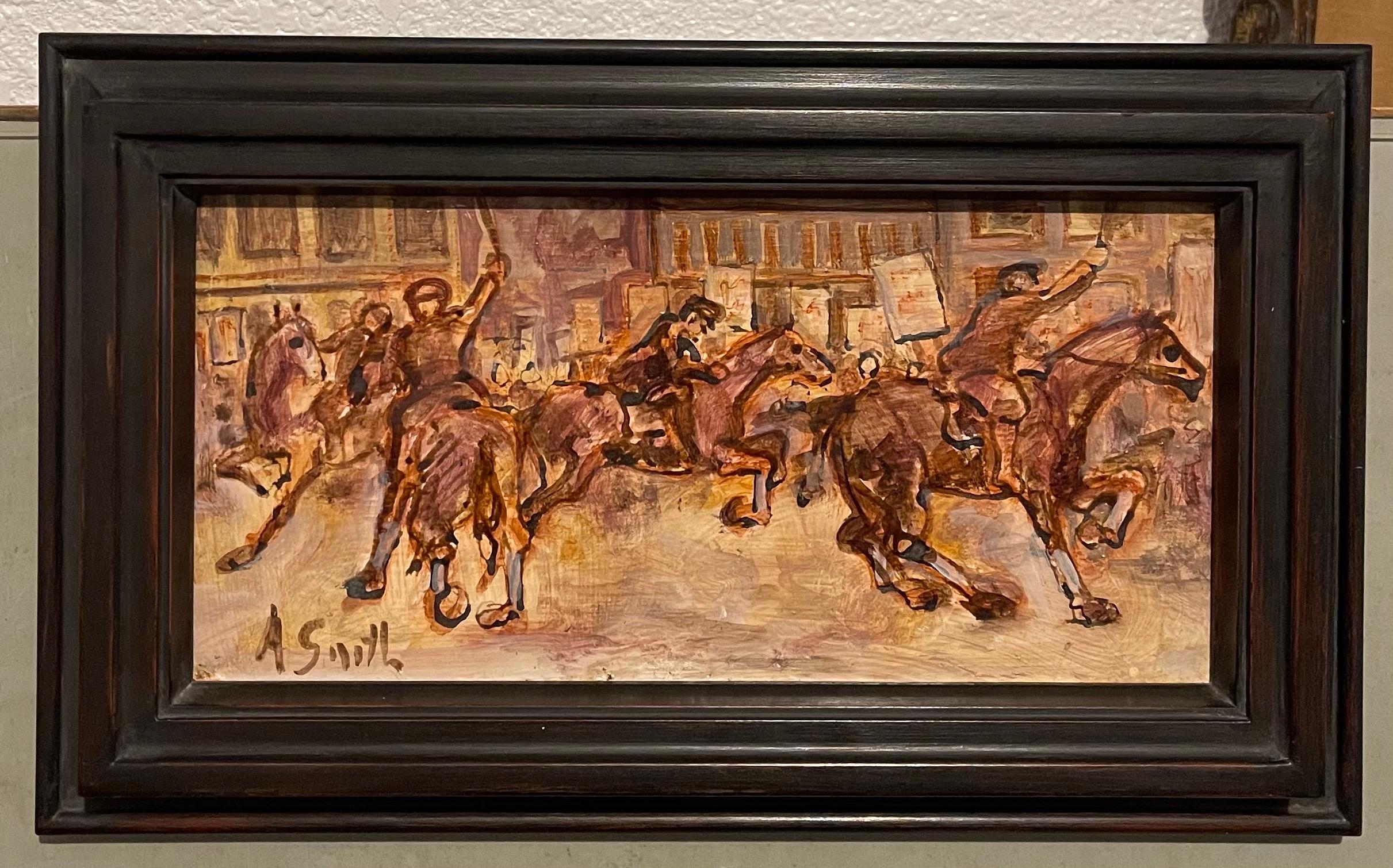 Émeute de rue Peinture à l'huile Police montée Artiste du WPA Justice sociale Art américain - Noir Figurative Painting par Arthur Smith