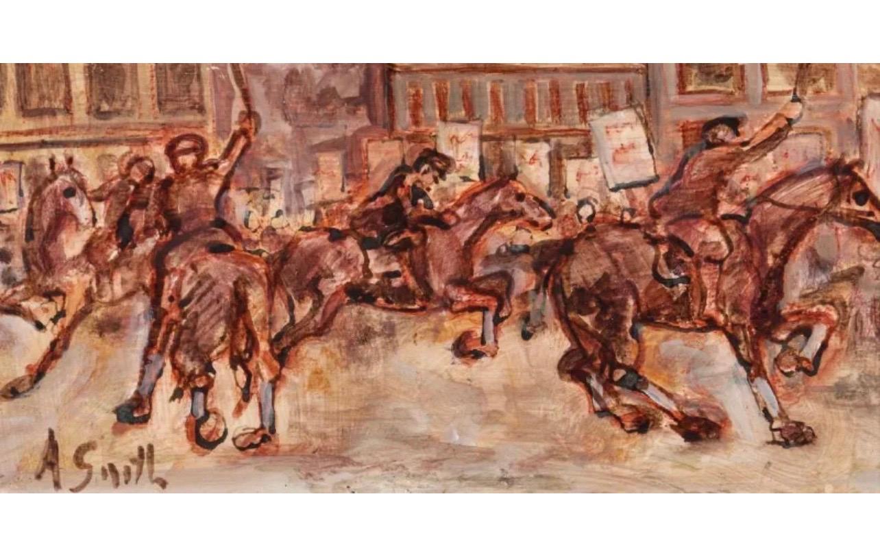 Riot, Revolution, Police figures on Horseback in City Streets.
Hand signed lower right.
Painting measures 6 x 12, framed 9 x 15 inches.

Arthur Smith is a listed American painter most famous for his paintings of sporting scenes, particularly boxing
