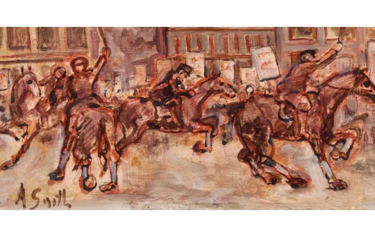 Émeute de rue Peinture à l'huile Police montée Artiste du WPA Justice sociale Art américain en vente 1
