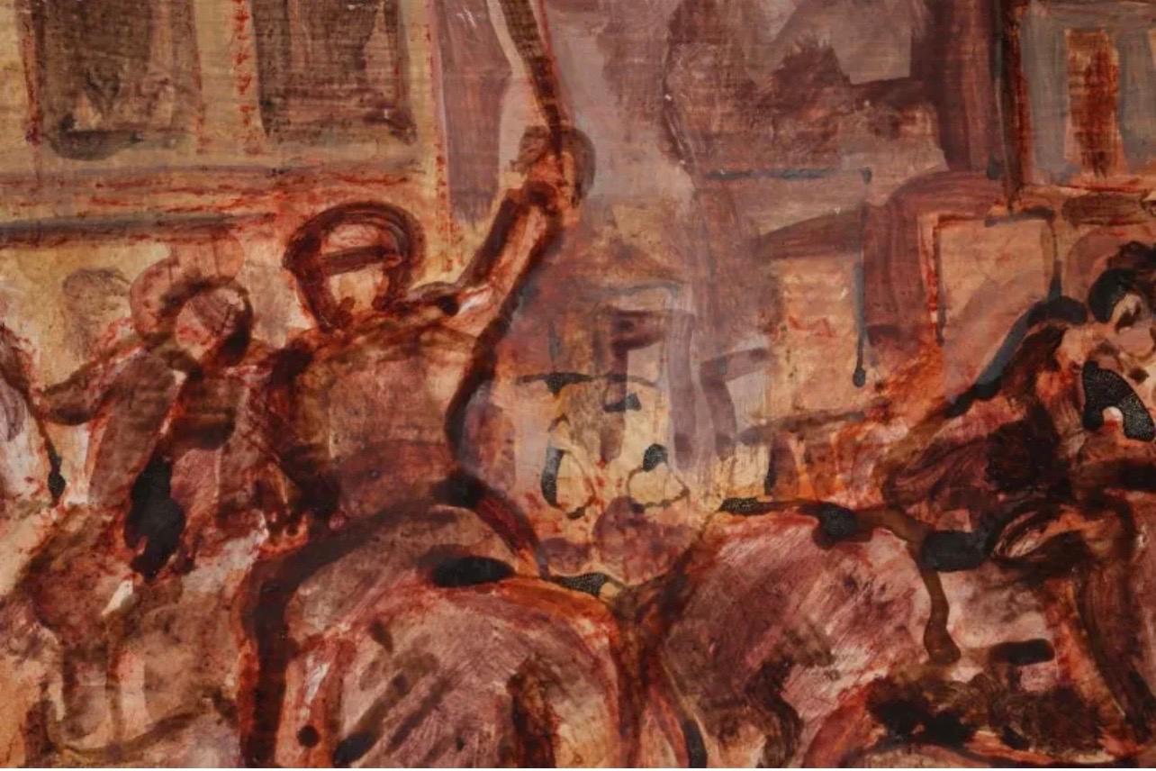 Émeute de rue Peinture à l'huile Police montée Artiste du WPA Justice sociale Art américain en vente 3