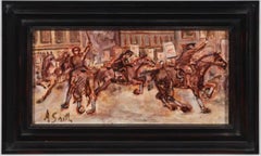 Antique Street Riot Oil Painting Mounted Police WPA artist Social Justice Americana Art