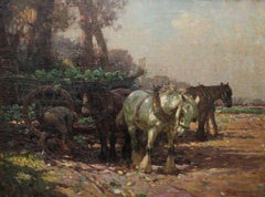 Farmer Loading Horse Drawn Cart - British 1930's Impressionist art oil painting