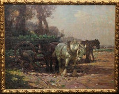 Farmer Loading Horse Drawn Cart - British 1930's Impressionist art oil painting